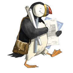 Cartoon penguin dressed as an architect, holding blueprints and a tablet, with a brown bag and drawing tools around it.