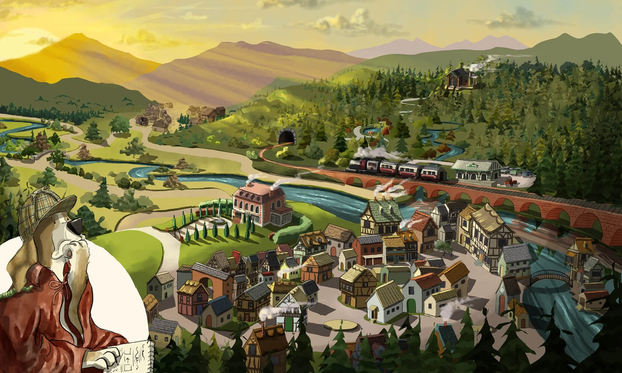 A picturesque village and countryside with rolling hills, a river, a train on a red bridge, and a dog wearing a hat and glasses reading a paper in the foreground.