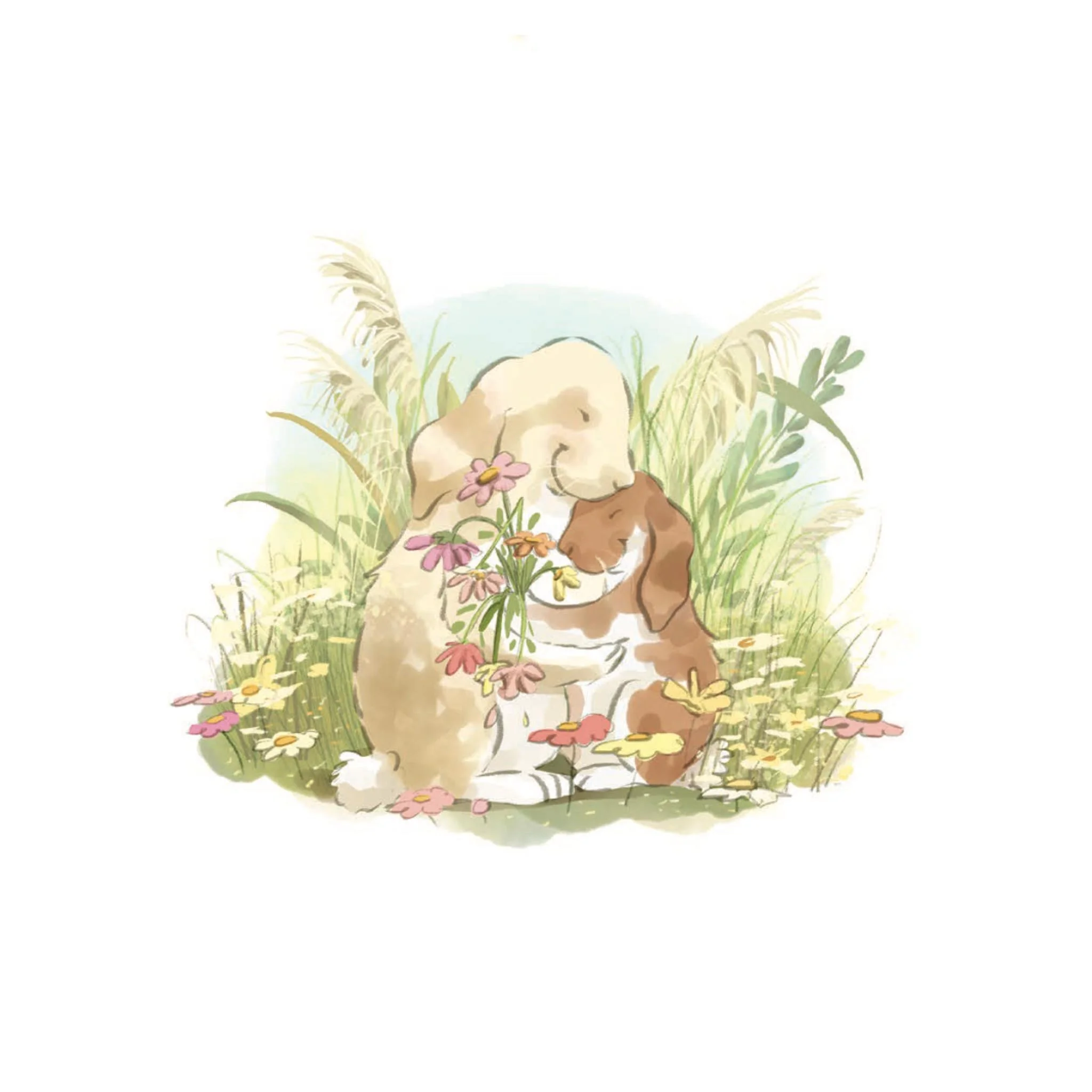 Two rabbits hugging each other amidst wildflowers and tall grass in a watercolor artistic style.