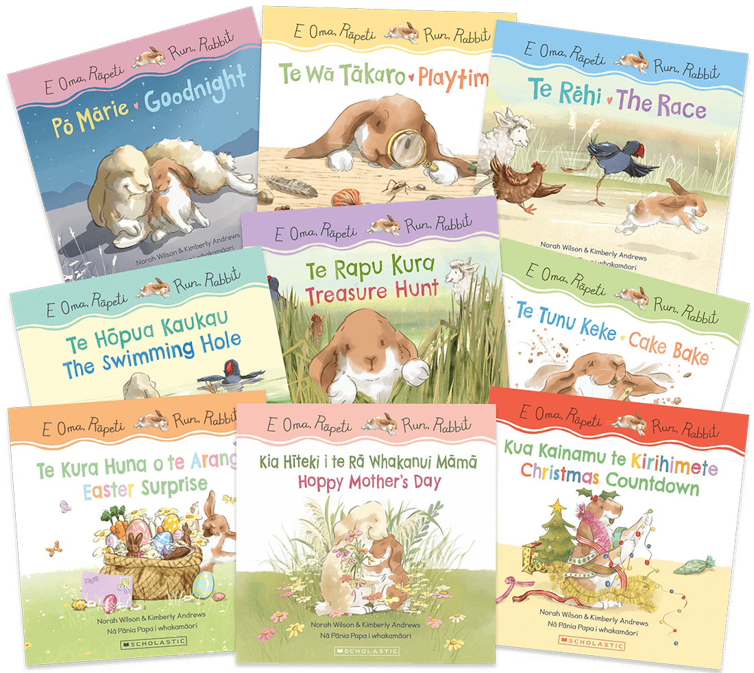 Collection of children's books from the 'Run, Rabbit' series with colorful illustrations of rabbits and other animals, titles including 'Goodnight', 'Treasure Hunt', 'The Race', 'Cake Bake', and holiday-themed stories.