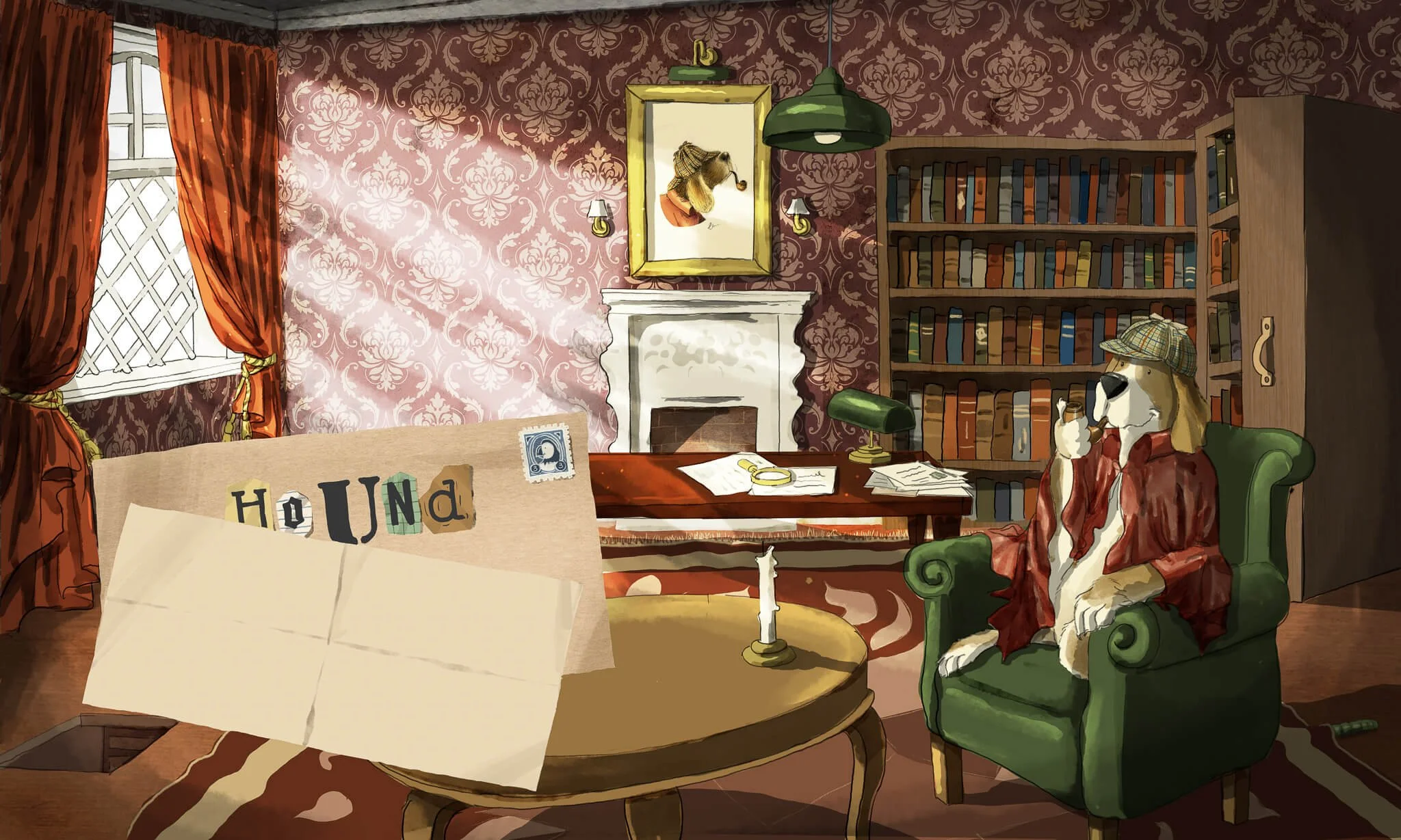 Illustration of a cozy study with a dog dressed as Sherlock Holmes, seated in a green armchair with a pipe. The room has red curtains, a large window, a patterned wallpaper, a bookshelf filled with books, a fireplace, and a cluttered desk. A framed p