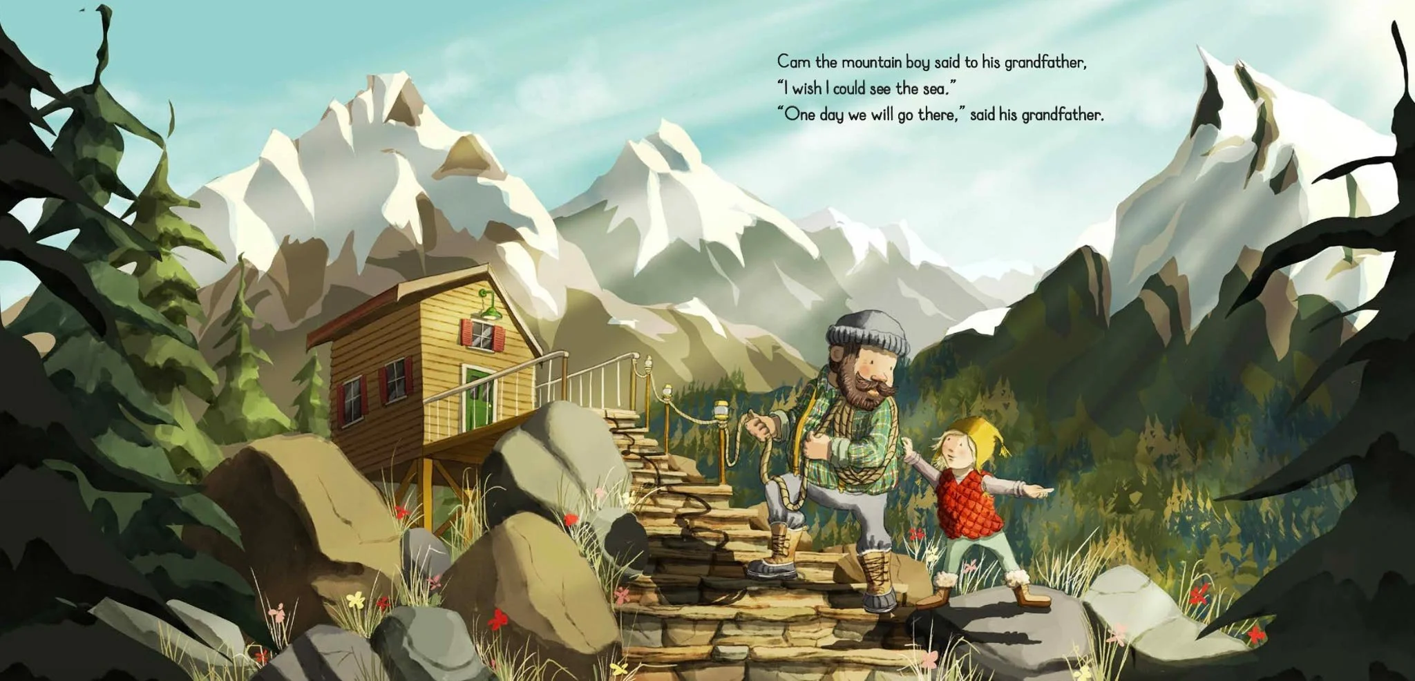 An illustrated mountain scene with two children and an older man walking down stone steps near a yellow cabin with red shutters, snow-capped mountains in the background, and trees and flowers in the foreground.