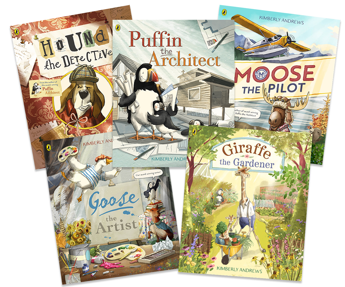 A collection of children's book covers featuring anthropomorphic animals in various professions and settings, including a detective, architect, pilot, artist, and gardener.