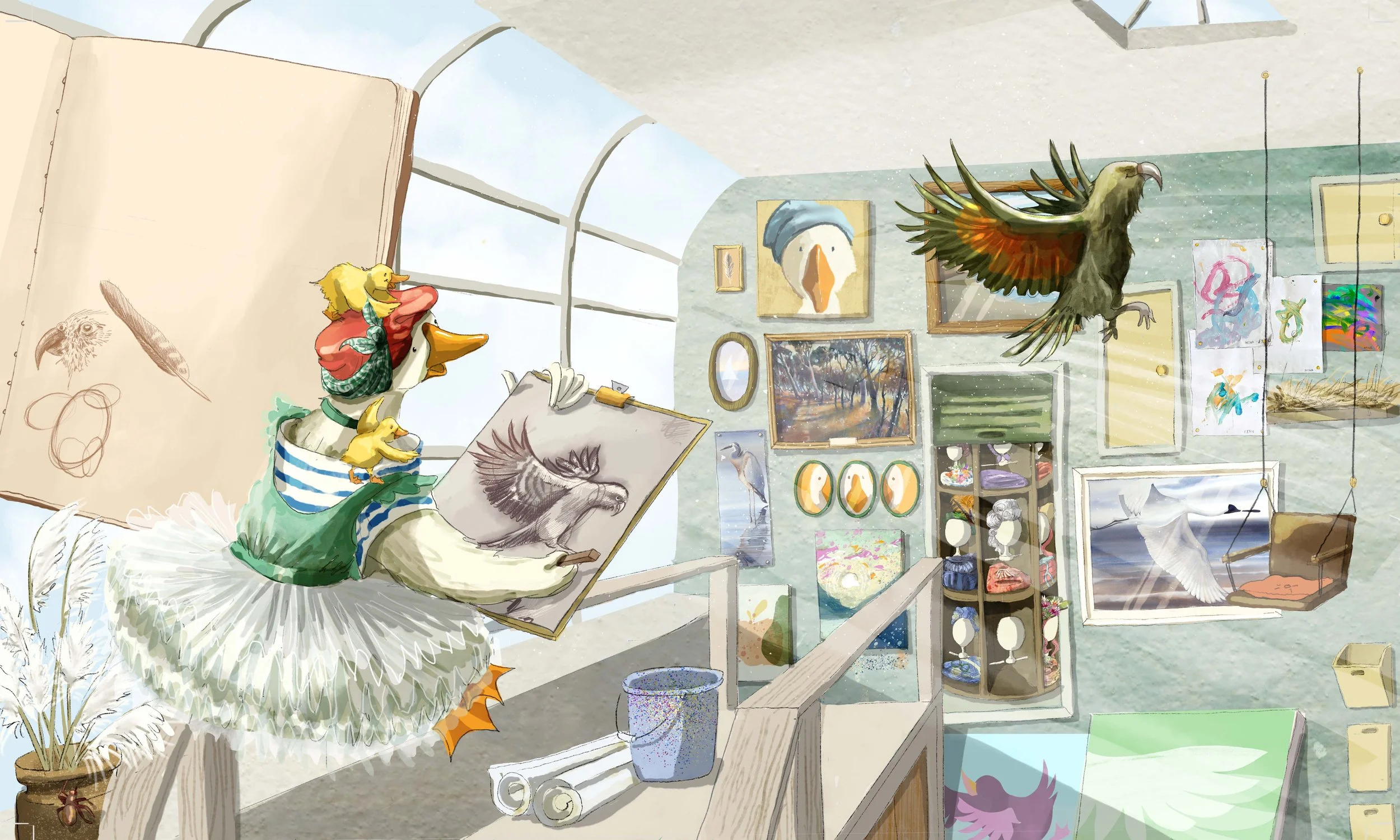 An art studio filled with paintings, drawings, and art supplies. A large window letting in natural light, with a bird bird painting on the wall and various bird-themed artworks.