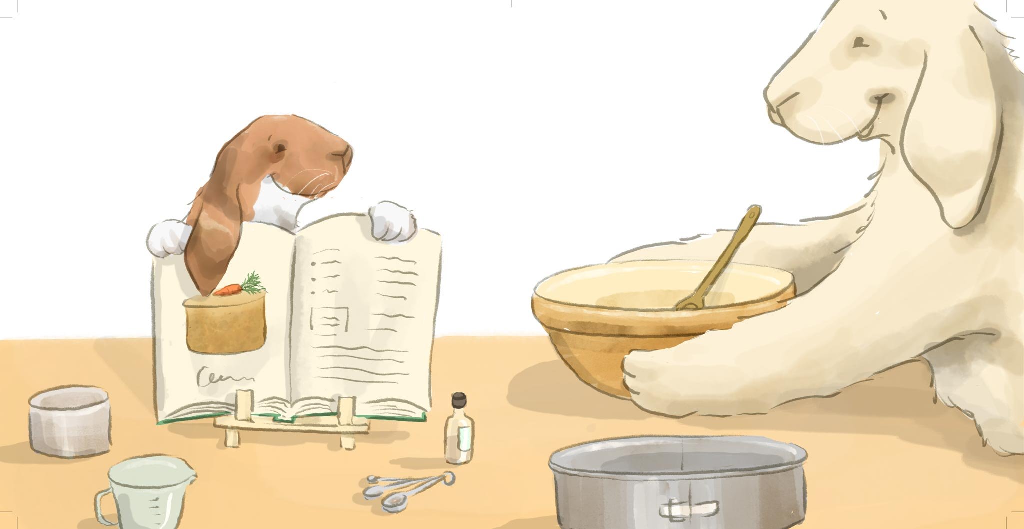 A dog and a cat involved in a cooking or baking activity at a kitchen counter. The dog is reading a cookbook, and the cat is holding a mixing bowl and spoon. The counter has various kitchen utensils and ingredients, including a cup, a small bottle, s