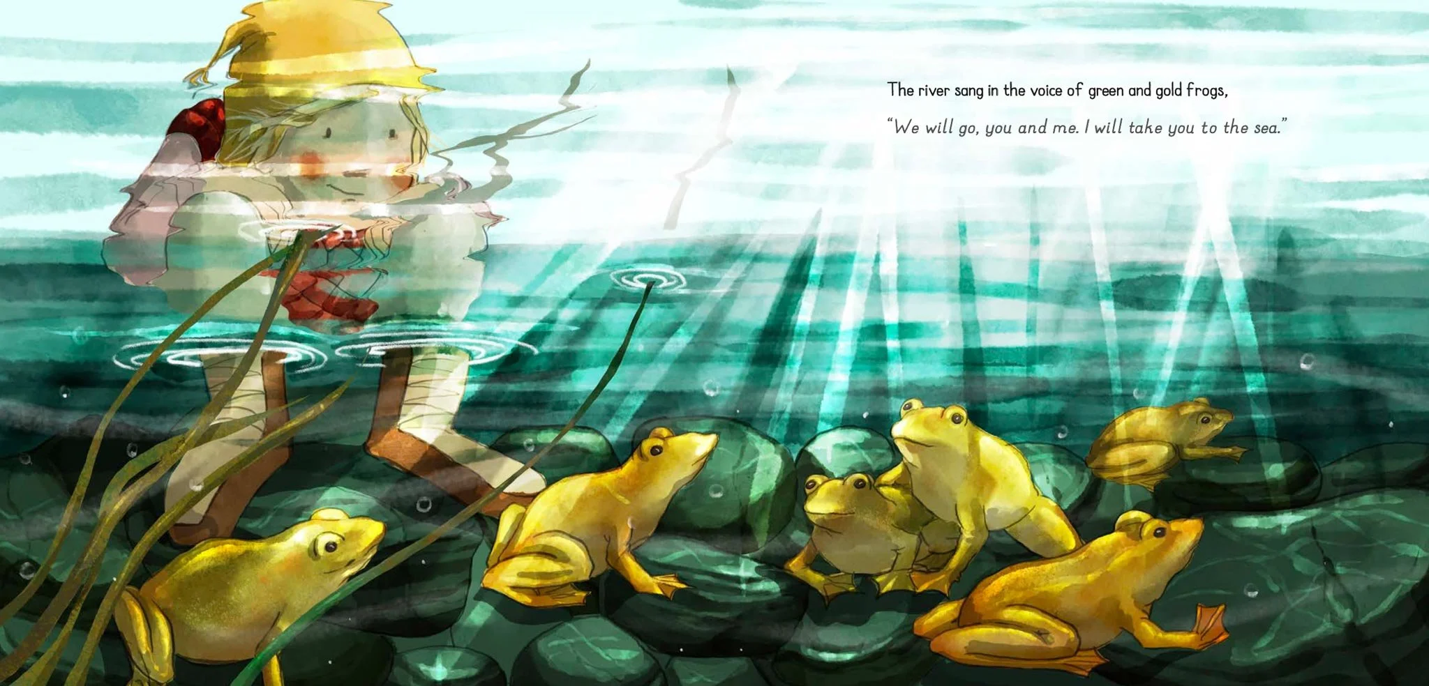 A watercolor illustration depicts a girl with a yellow hat and red dress sitting by a river, surrounded by green and yellow frogs on rocks and in water, with sunlight streaming through the scene. The accompanying text reads: "The river sang in the vo