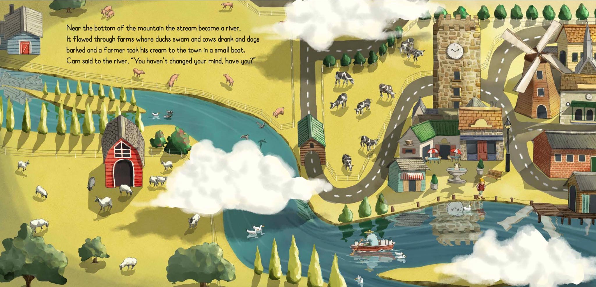 Illustrated farm scene with a winding river, farm animals, buildings, a clock tower, a windmill, roads, trees, and a small boat, with text describing a countryside setting.