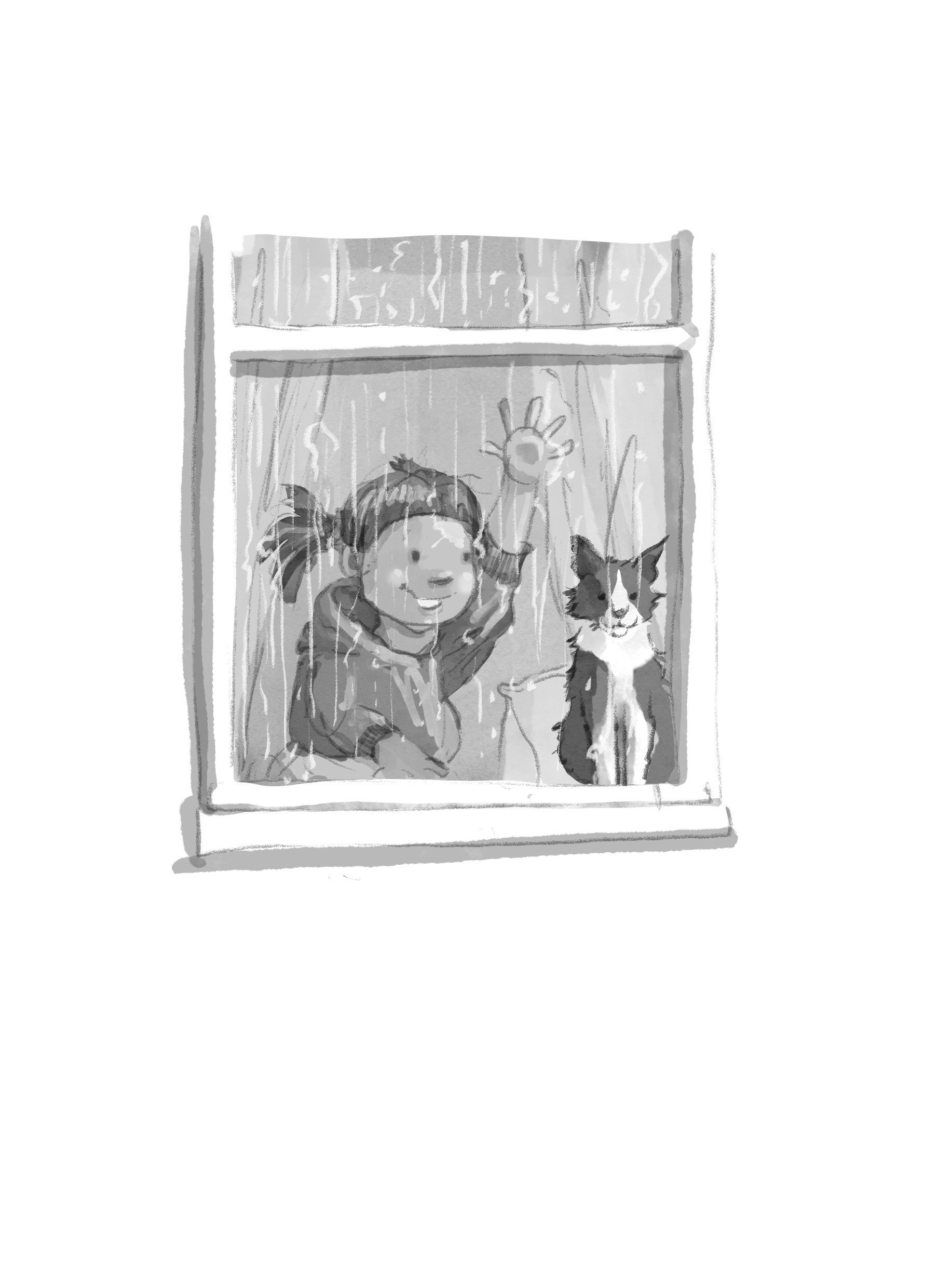 A young girl with pigtails and a hoodie looking out a rain-covered window, waving with a smiling face, accompanied by a black and white cat sitting beside her.