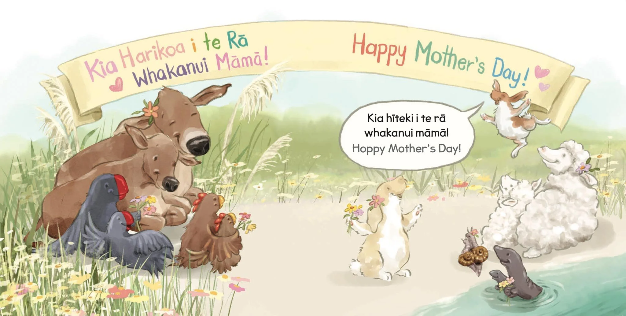 Illustration of animals celebrating Mother's Day, including dogs, chickens, doves, and otters, holding flowers, with a pastel-colored banner that reads 'Kia Harikoa i te Rā Whakanui Māma! Happy Mother's Day!'