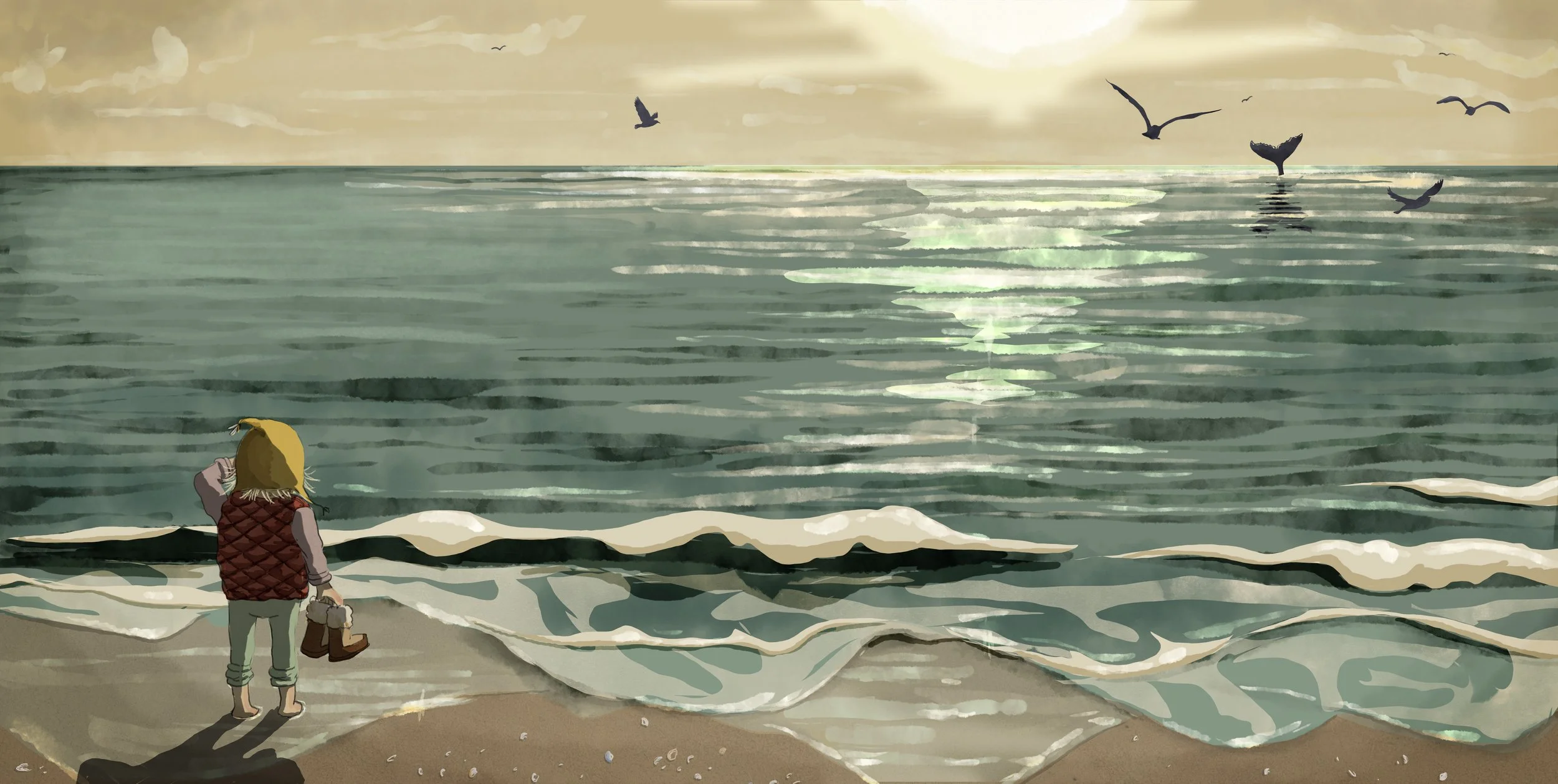 A young person with blonde hair, wearing a red puffer vest and rolled-up pants, stands on the beach holding a pair of shoes and looks at the ocean. Seagulls fly over the water with the sun setting or rising on the horizon, casting a warm glow.