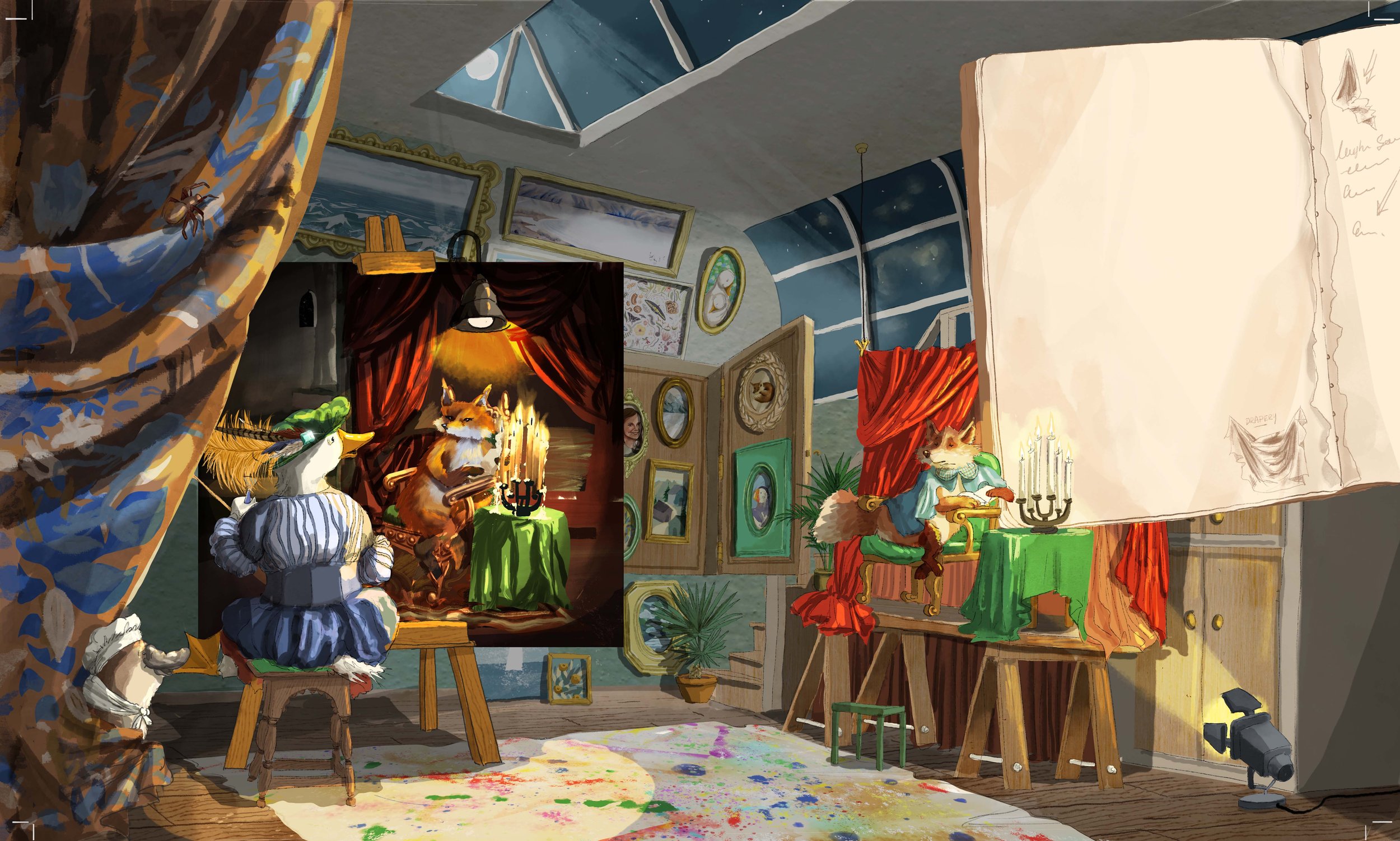 An art studio workspace featuring illustrated animal characters, paintings, and art supplies. There is a fox , dressed in historical clothing, engaged in artistic activities, with various paintings and sketches on the walls and scaffolding for painti