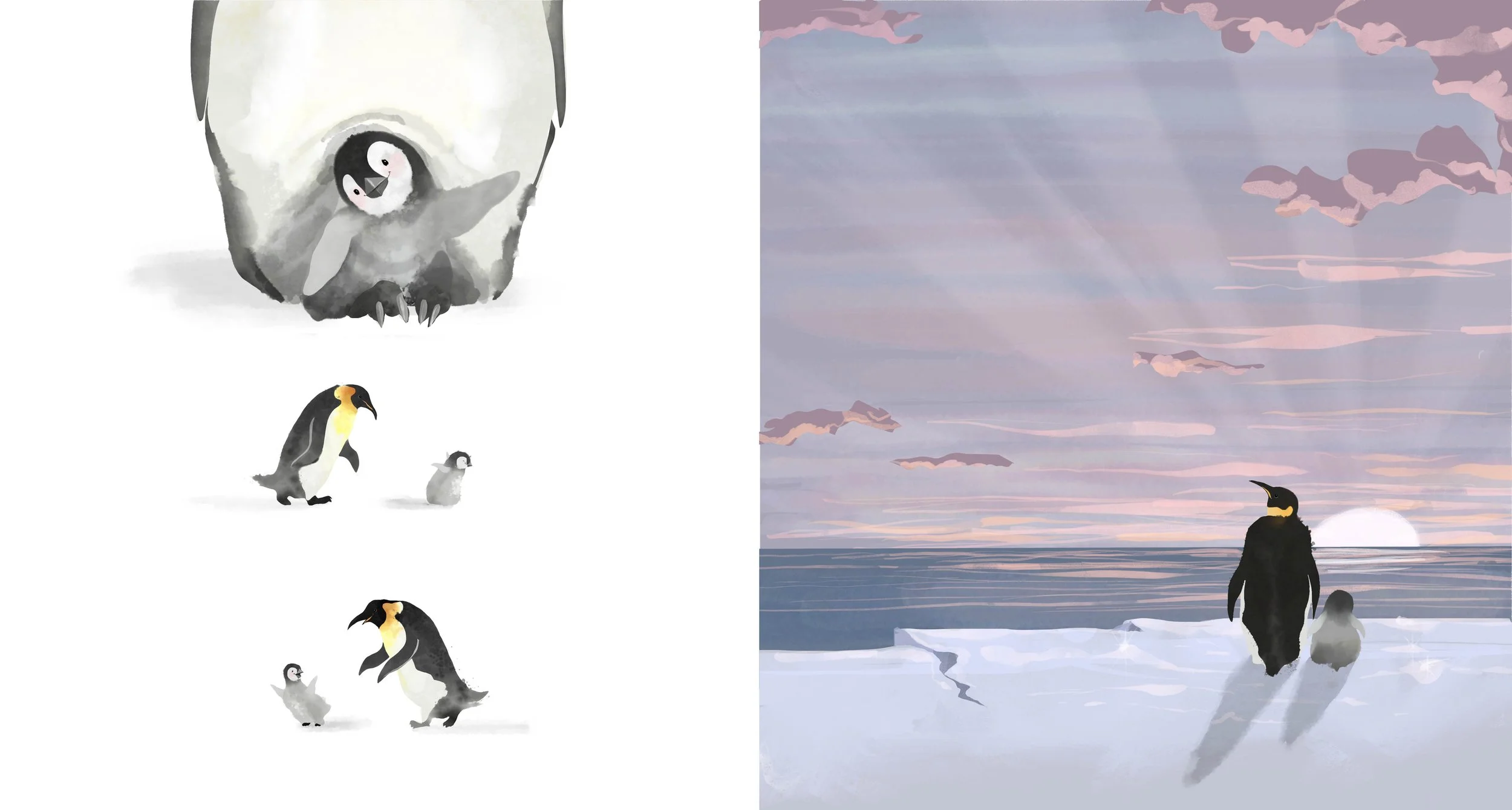 Left side shows a watercolor illustration oftwo penguins, one larger and one smaller, on white background. Right side depicts a digital painting of a penguin and a smaller bird walking on snow near the ocean at sunset, with pink clouds and a setting 