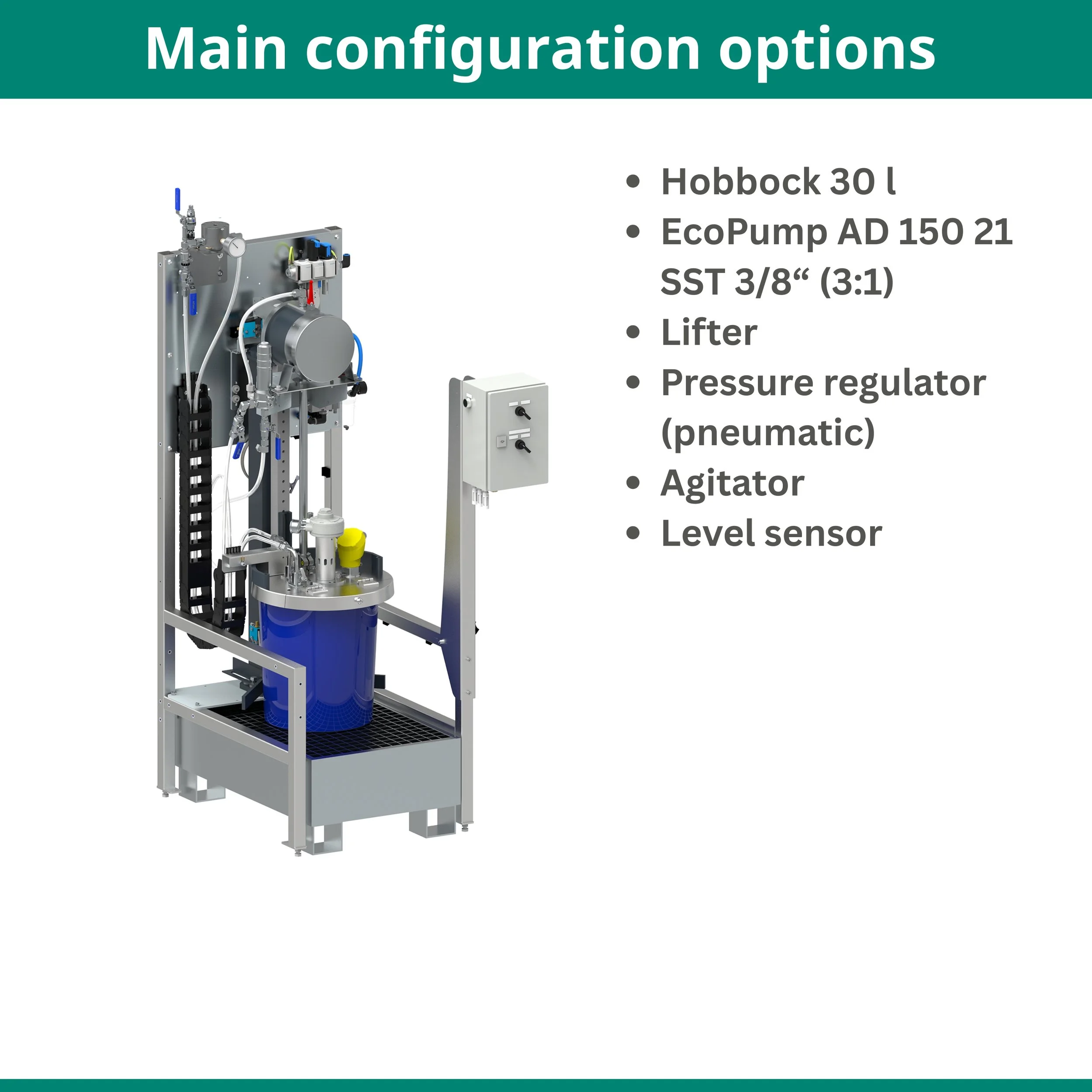 A detailed diagram of a laboratory or industrial equipment setup featuring various components such as pipes, gauges, valves, a pressure regulator, and a large blue container, accompanied by a list of main configuration options.