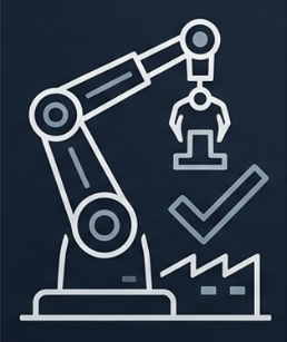 Outline of industrial robotic arm with a claw holding a part, a checkmark, and a factory icon in the background.