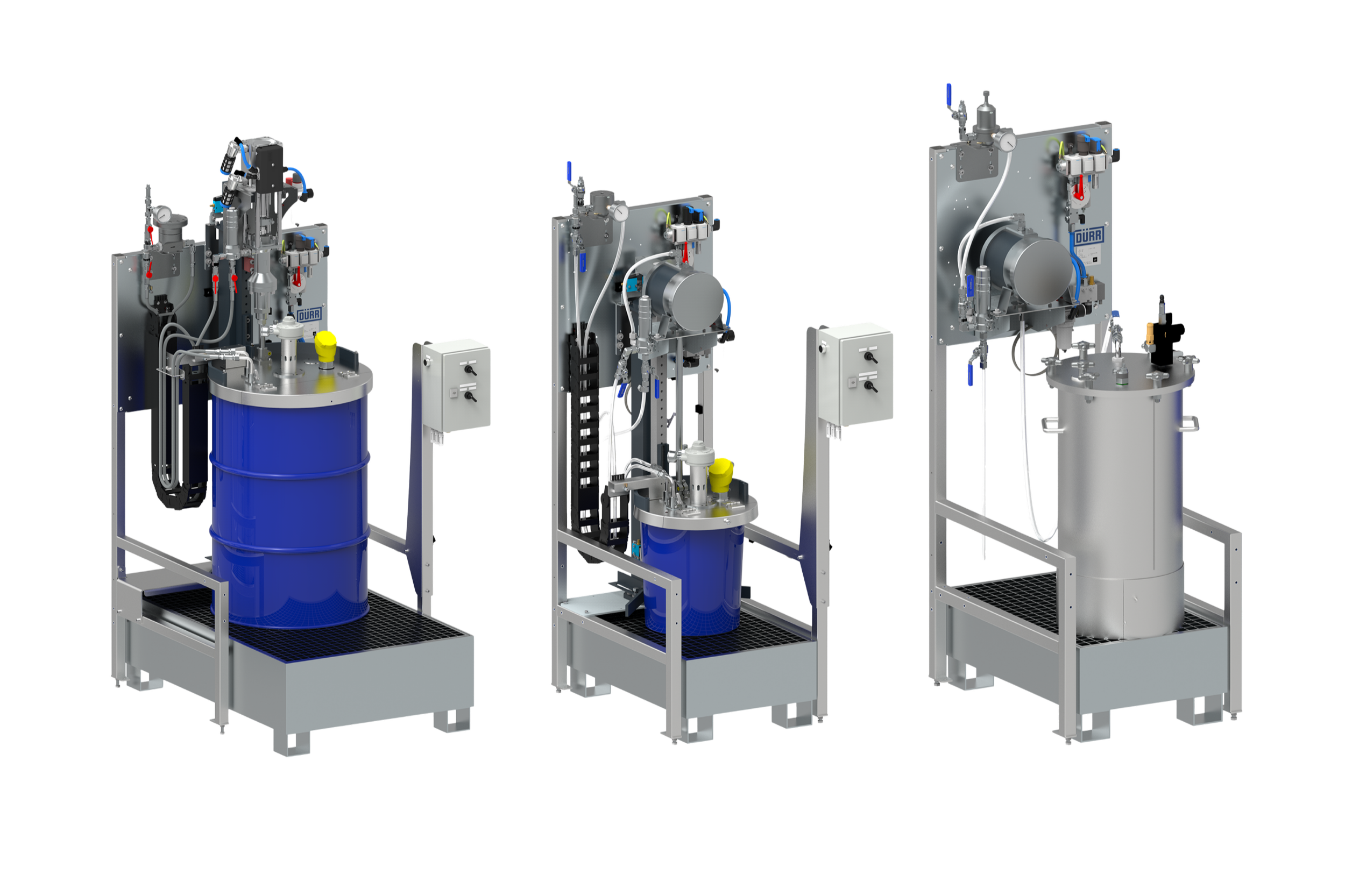 Three industrial machinery units with metal frames, blue barrels, and interconnected pipes, gauges, and controls, used for processing or manufacturing.