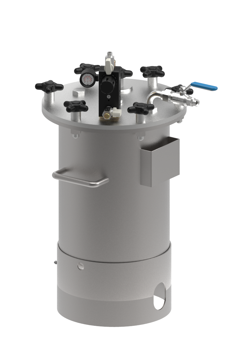 A cylindrical industrial pressure vessel with various valves, gauges, and connectors on top.