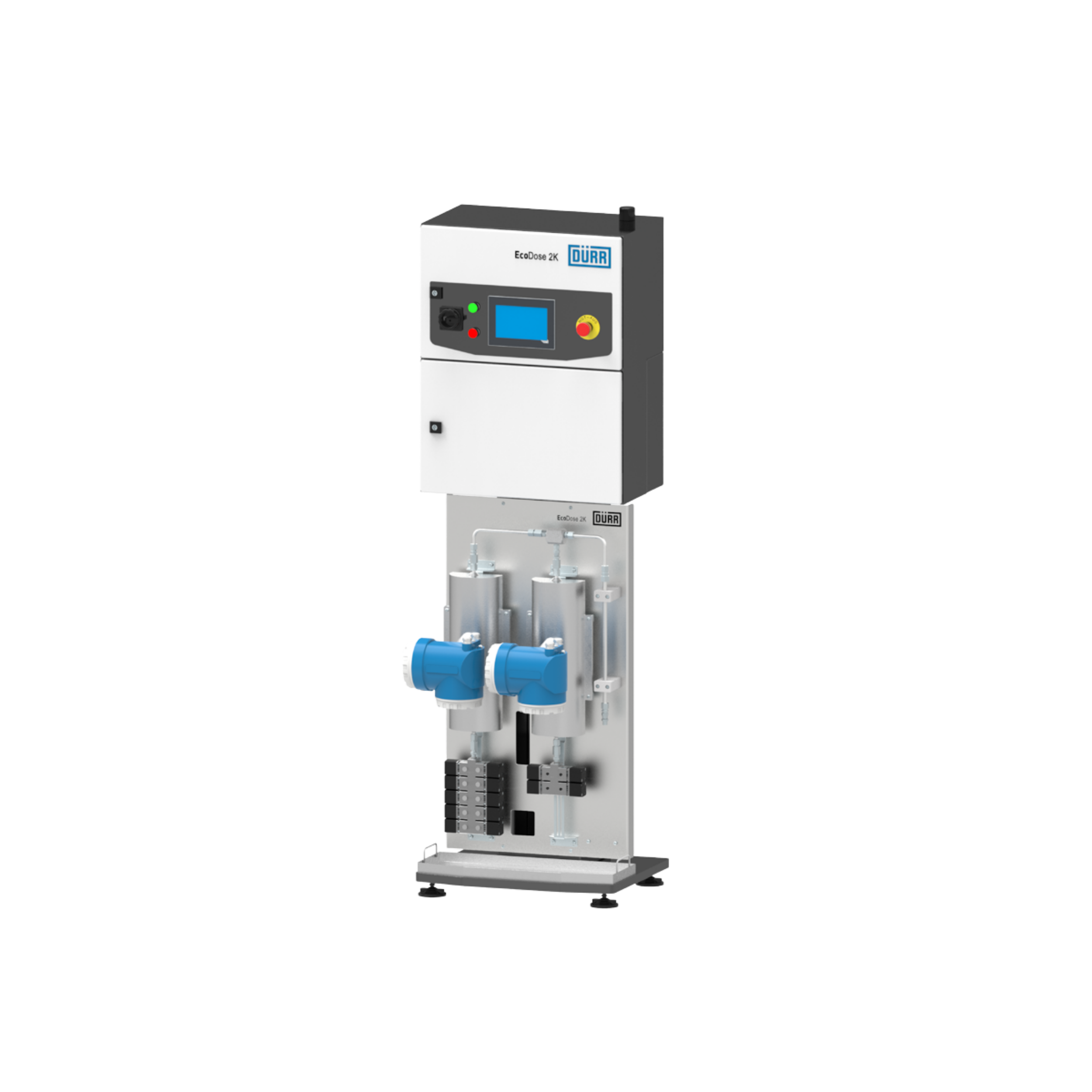 A white and black industrial water treatment machine labeled 'EcoDose 2K DURR' with control buttons and a digital display.