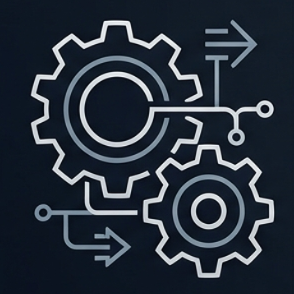 Illustration of interconnected gears with arrows, representing machinery or mechanical process.