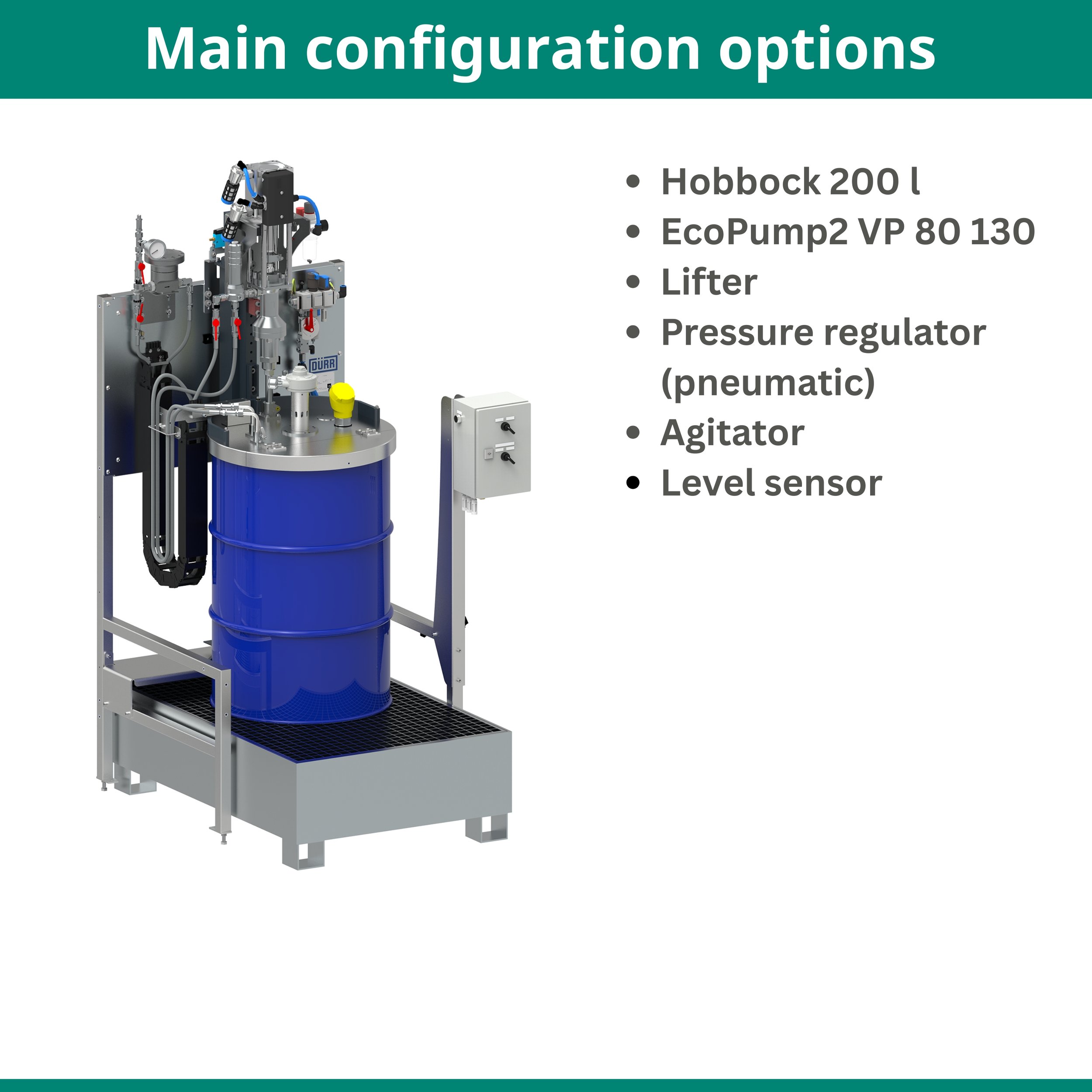 Diagram of a laboratory equipment setup labeled 'Main configuration options,' including a Hobock 200L, EcoPump2 VP 80 130, Lifter, Pressure regulator (pneumatic), Agitator, and Level sensor.