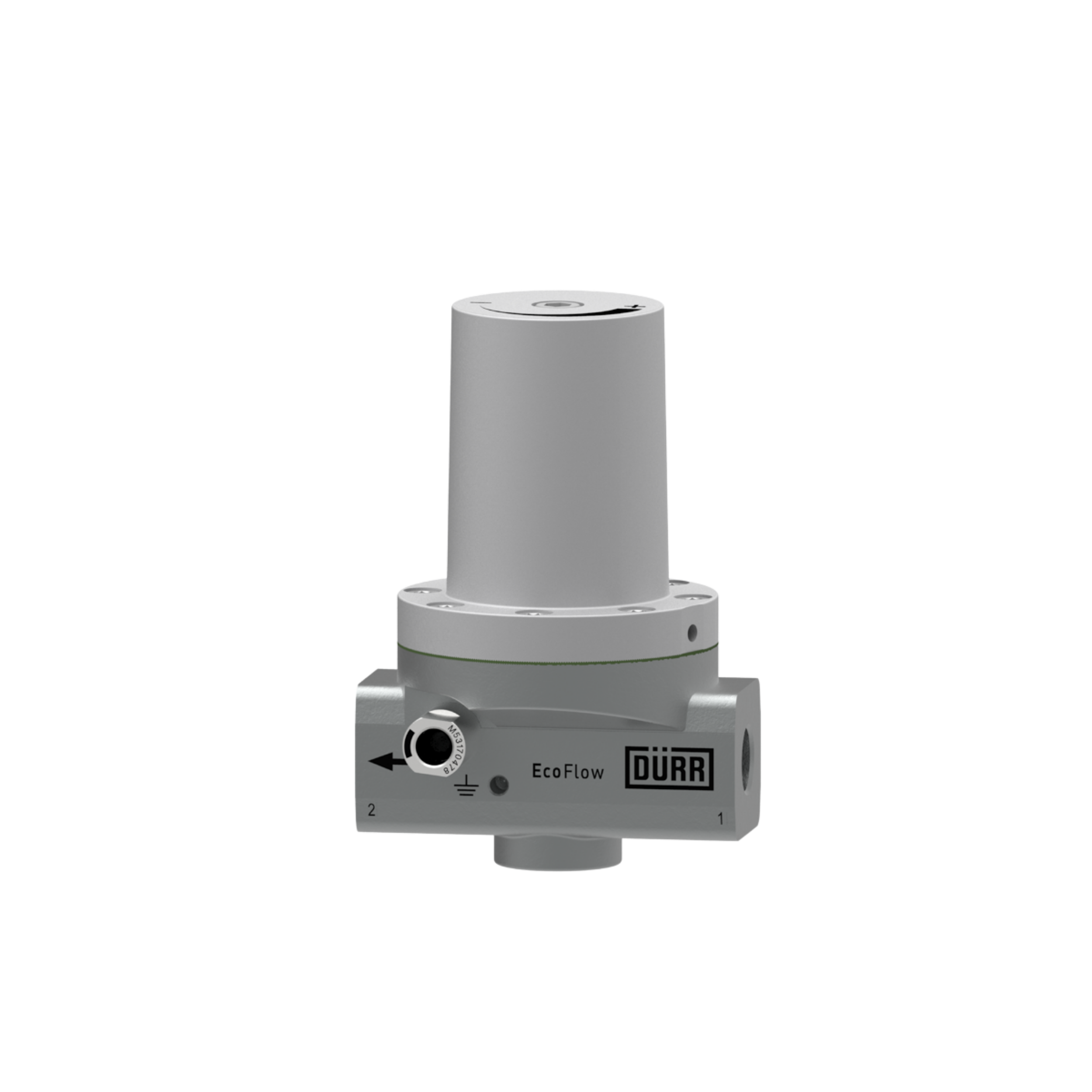 A white industrial valve with a circular top and a base labeled DÜRR and EcoFlow.