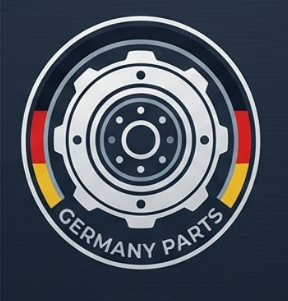 Close-up of a circular logo with gear design, featuring the words 'Germany Parts' on a dark background.