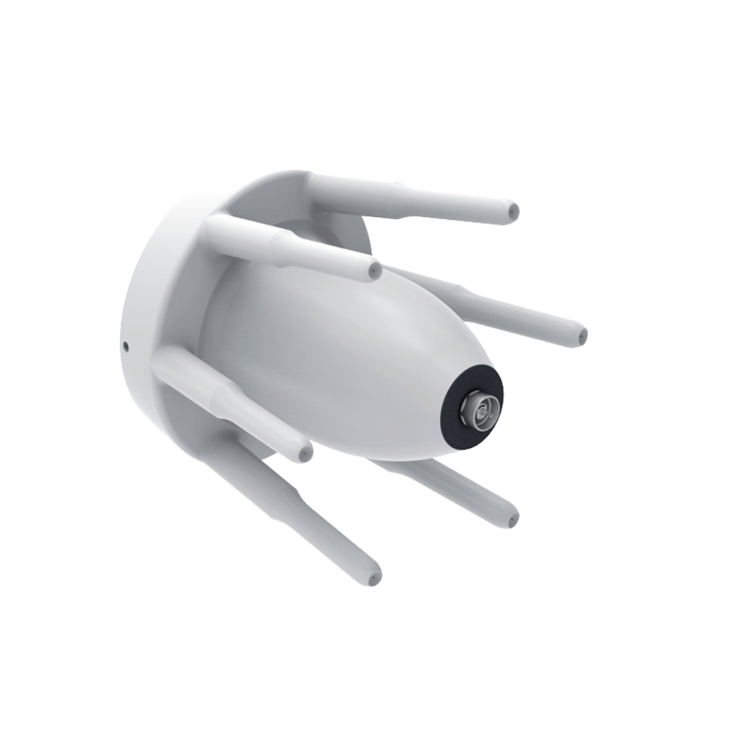 A white extraterrestrial spaceship with four landing legs and a black camera or sensor at the front, isolated on a transparent background.