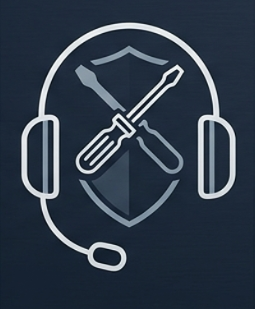 Logo with a headset, shield, and tools including a screwdriver, wrench, and hammer.