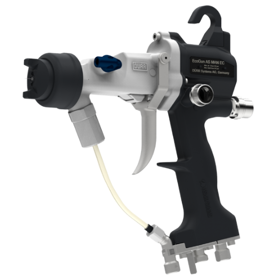 A handheld automatic gun-like device with a black handle and trigger, white barrel, and various blue and silver components used for industrial or medical purposes.
