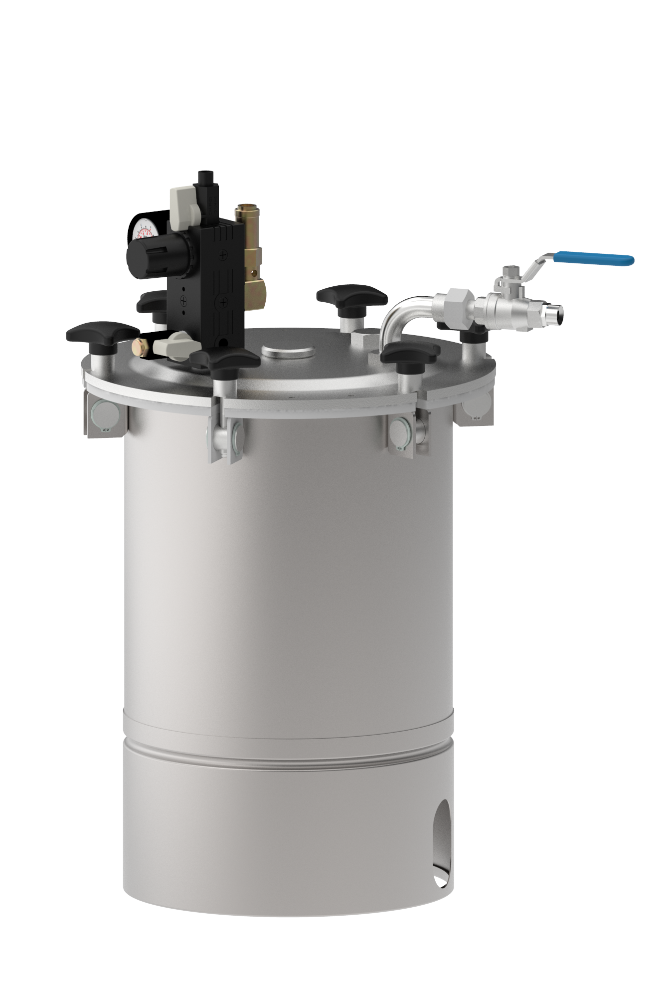 A large laboratory or industrial vessel with various attached metal pipes, valves, and gauges, likely used for chemical processing or storage.