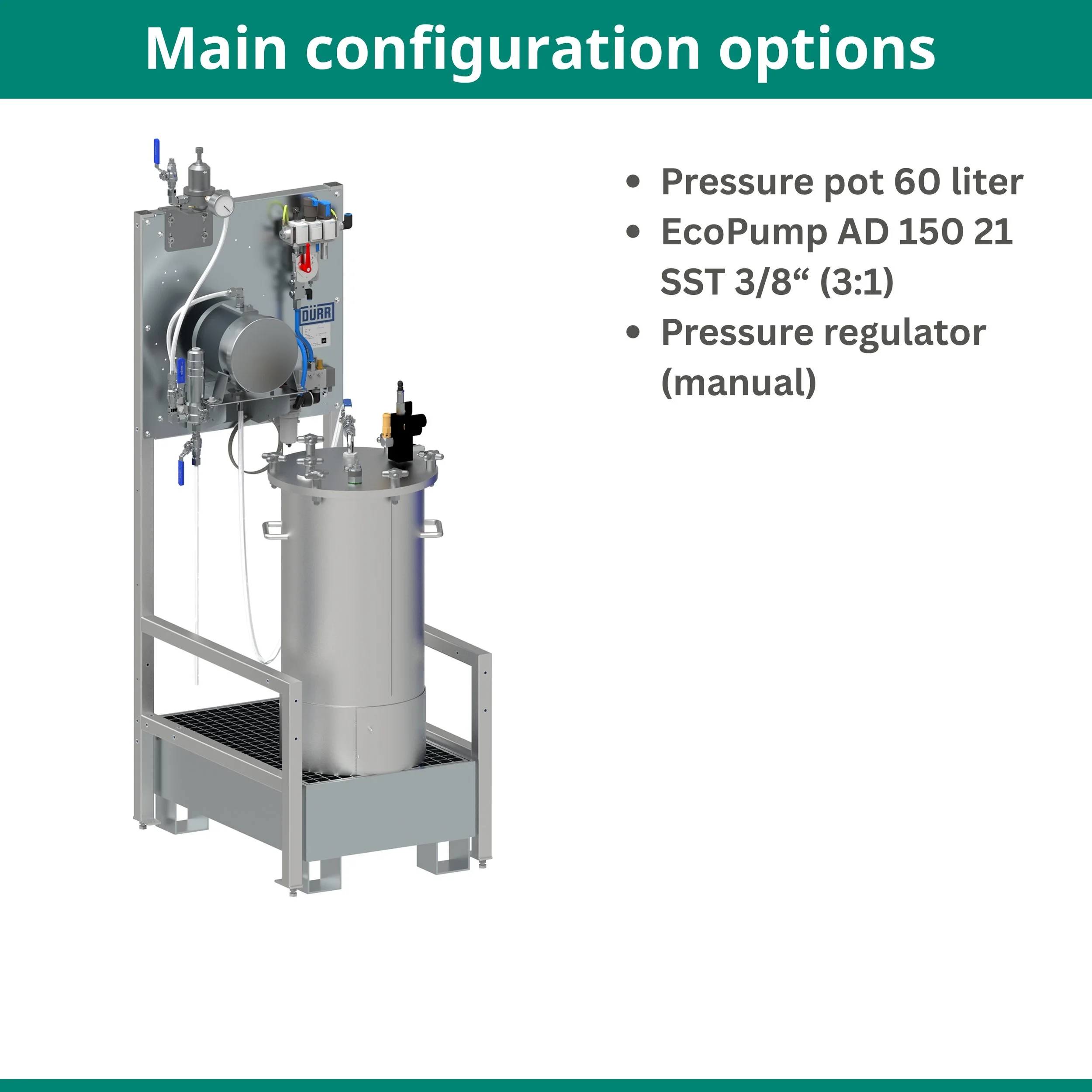 Diagram of a stainless steel pressure vessel with gauges and valves, labeled with main configuration options including a 60-liter pressure pot, EcoPump AD 150 21, SST 3/8 inch, and a manual pressure regulator.