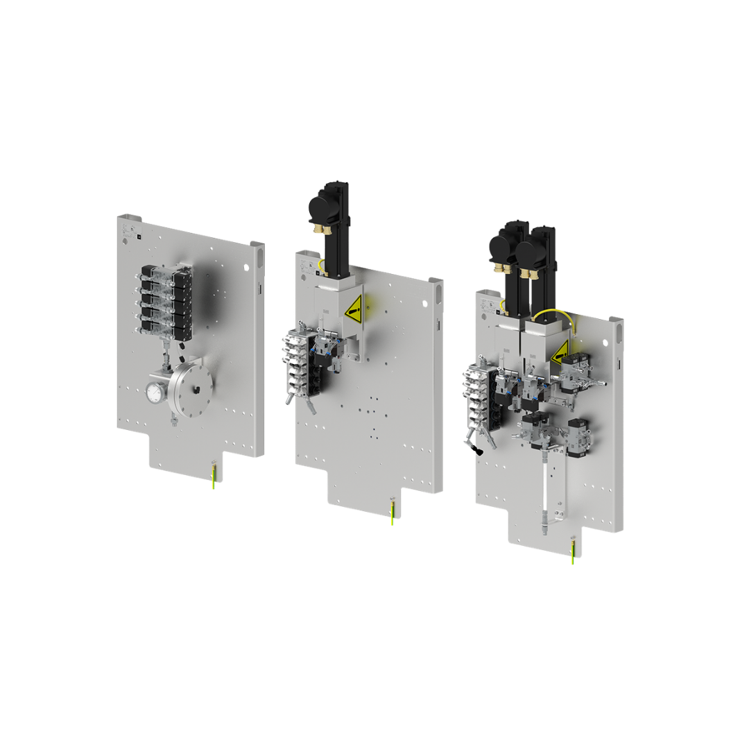 Three industrial machinery panels with electronic components and warning labels.