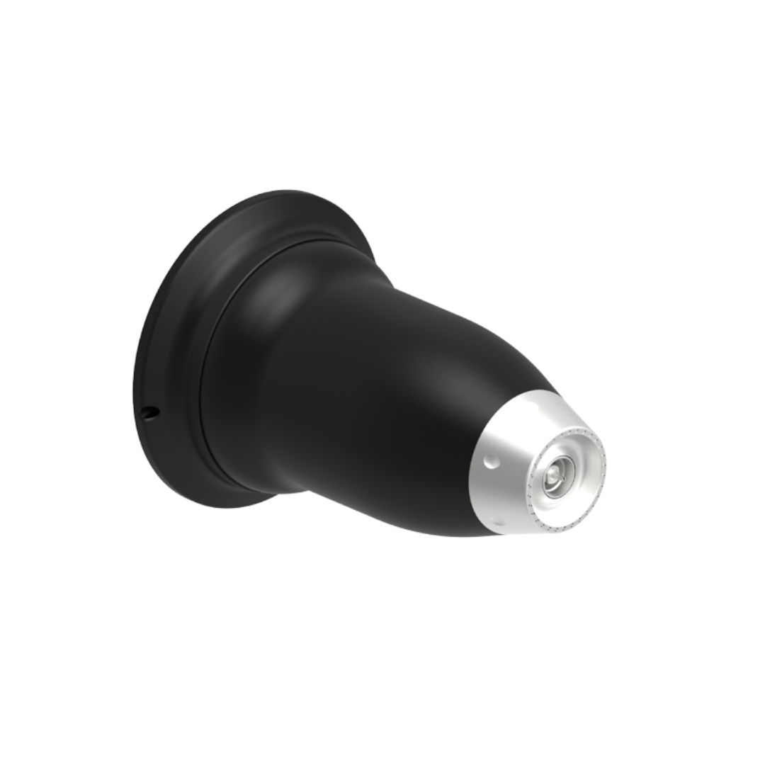 A black and silver telescopic camera lens with a round base and a conical body.