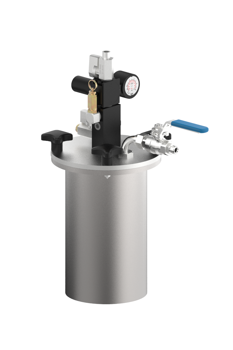 A close-up view of a laboratory filter housing with a pressure gauge, valves, and fittings.