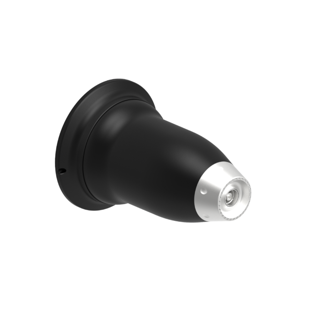 Close-up of a black and silver rocket engine nozzle