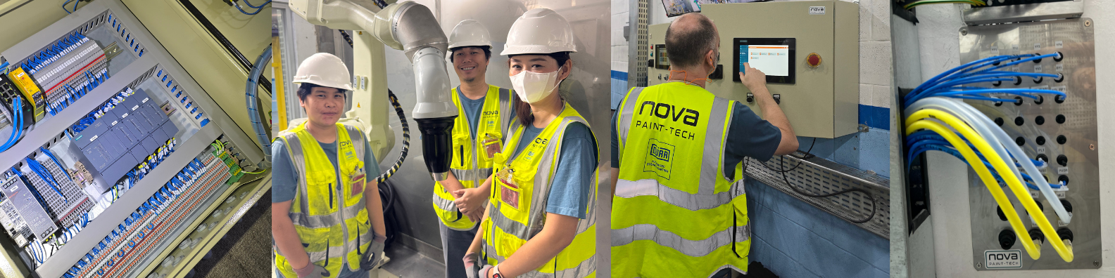 A collage of industrial scenes featuring electrical and technical work. The first image shows an open electrical control panel with wires and components. The second image has three workers in safety vests and helmets, one with a face mask, standing near industrial equipment. The third image depicts a technician operating a control panel with a touchscreen interface. The fourth image shows a close-up of electrical wiring connected to a control box labeled 'nova PAINT-TECH'.