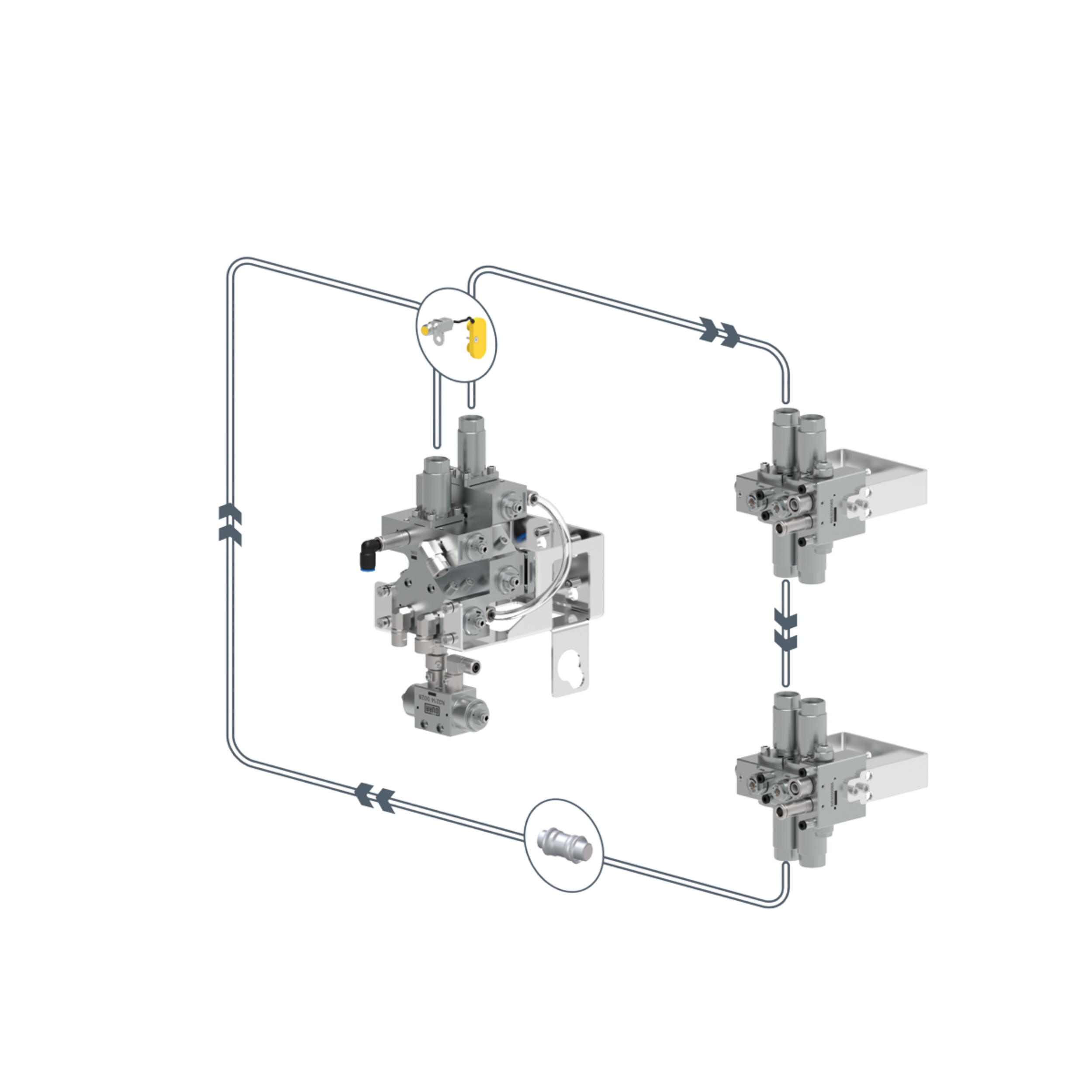 A technical diagram of a mechanical or industrial system with various interconnected parts, pipes, and components, primarily in shades of gray and metallic colors.