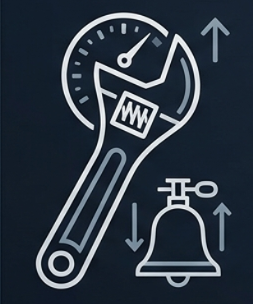 Line drawing of a light bulb with a wrench inside it, a bell with an upward arrow, and an upward pointing arrow next to each icon.