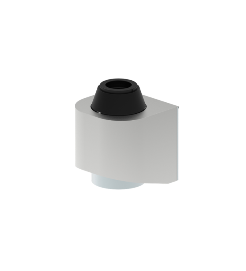 A white microscope with a black eyepiece against a black background.