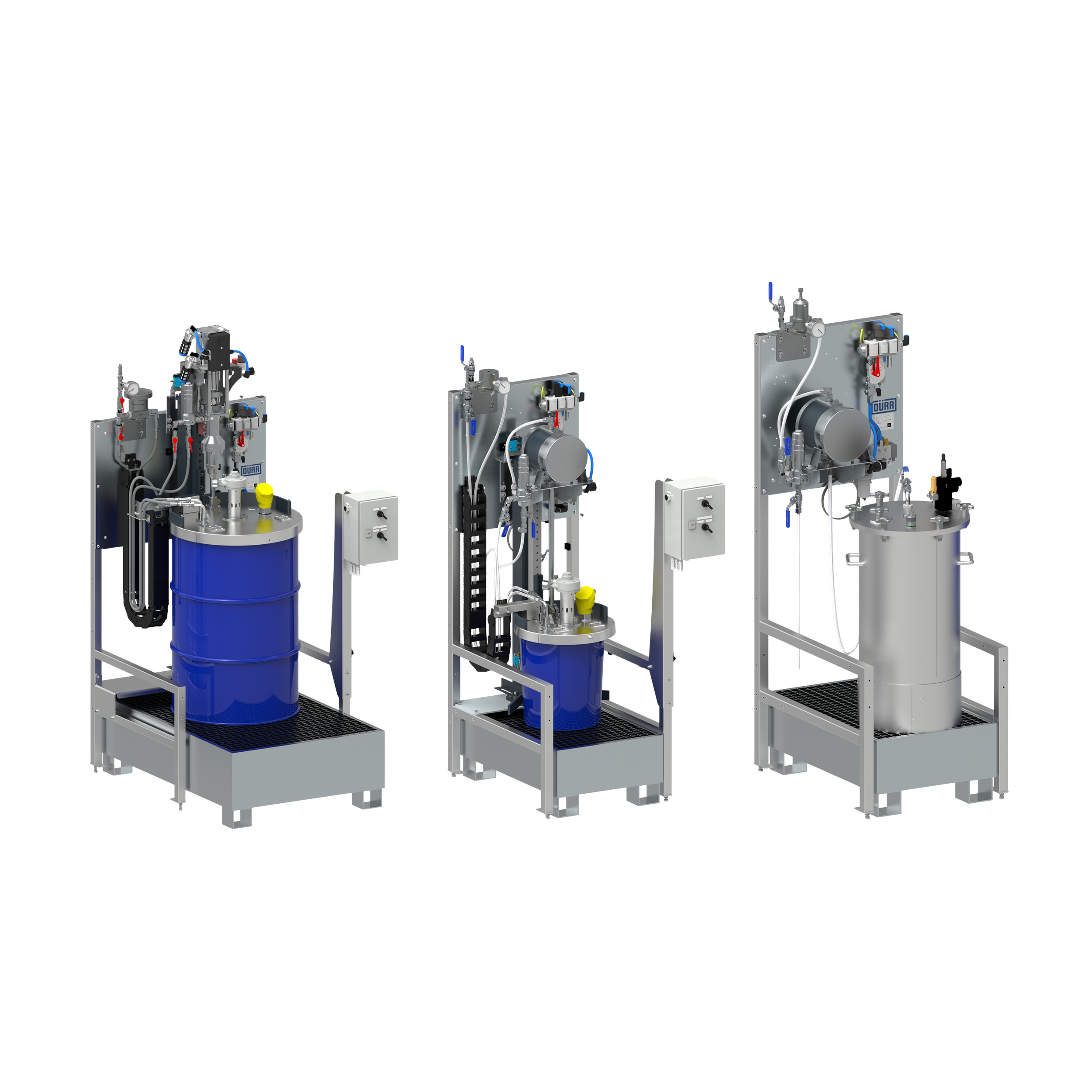 Industrial machinery with blue and gray components, including tanks, pipes, and control mechanisms.