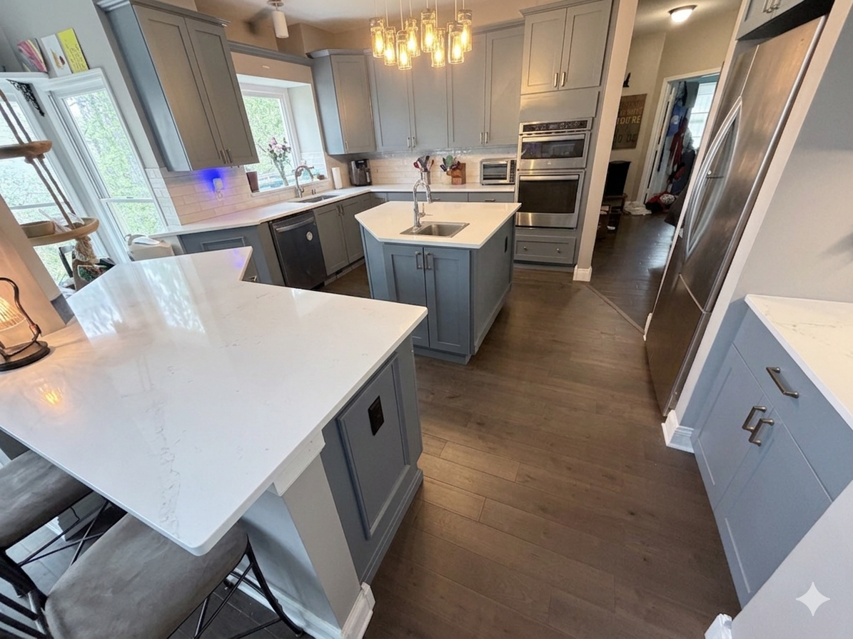 Modern kitchen with light blue cabinets, white countertops, kitchen island with sink, stainless steel refrigerator, double oven, and wooden flooring.