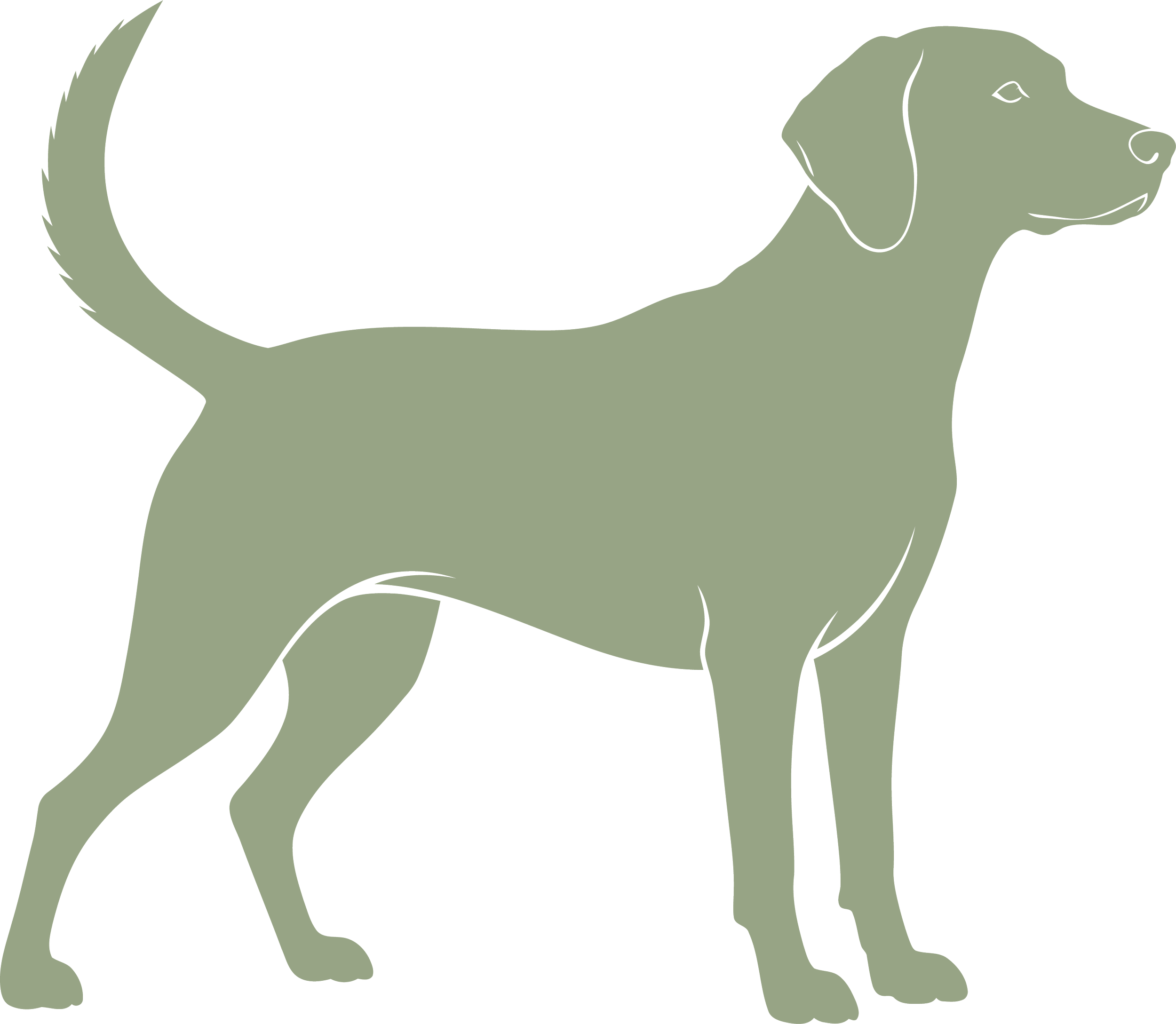 Illustration of a light green dog standing in profile facing right.