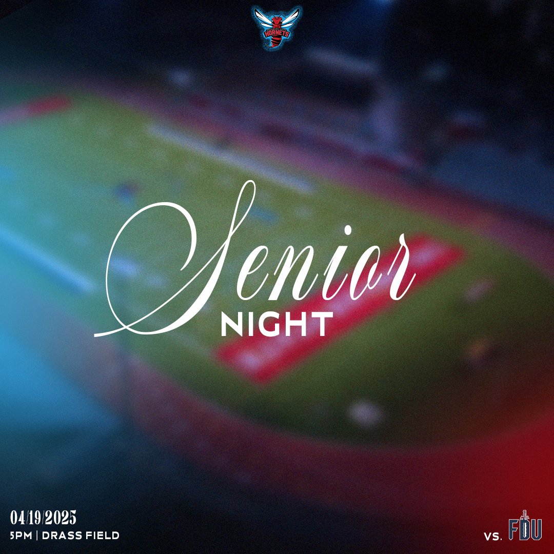 Event poster for Junior Night at Drass Field on April 19, 2025, at 5 PM, featuring a blurred image of a soccer field with the Hornets and FIU logos.