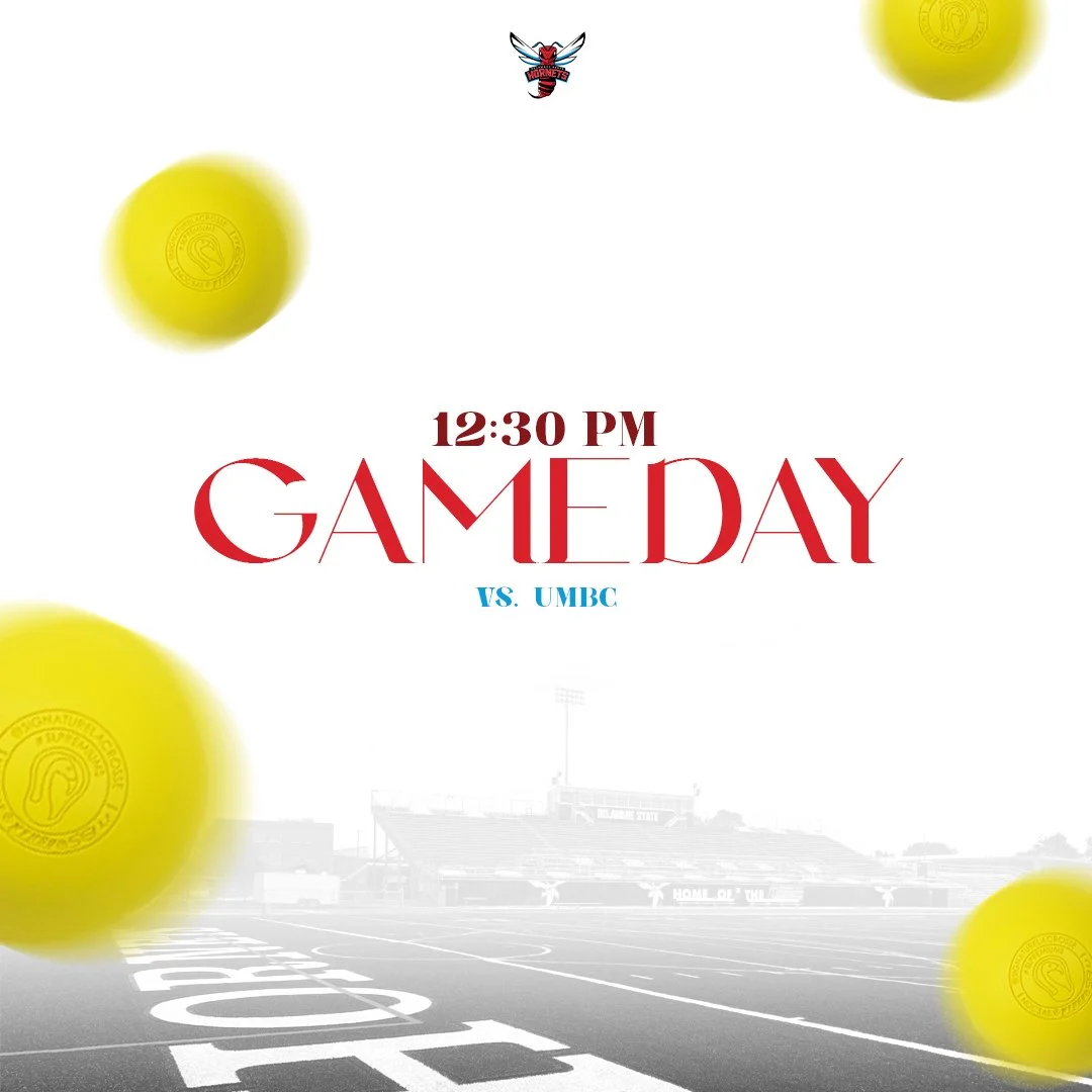 Background of a sports stadium with a football field and stands, overlaid with yellow tennis balls and match details for a game at 12:30 PM between UMBC and an unspecified team, with a WC basketball logo at the top.