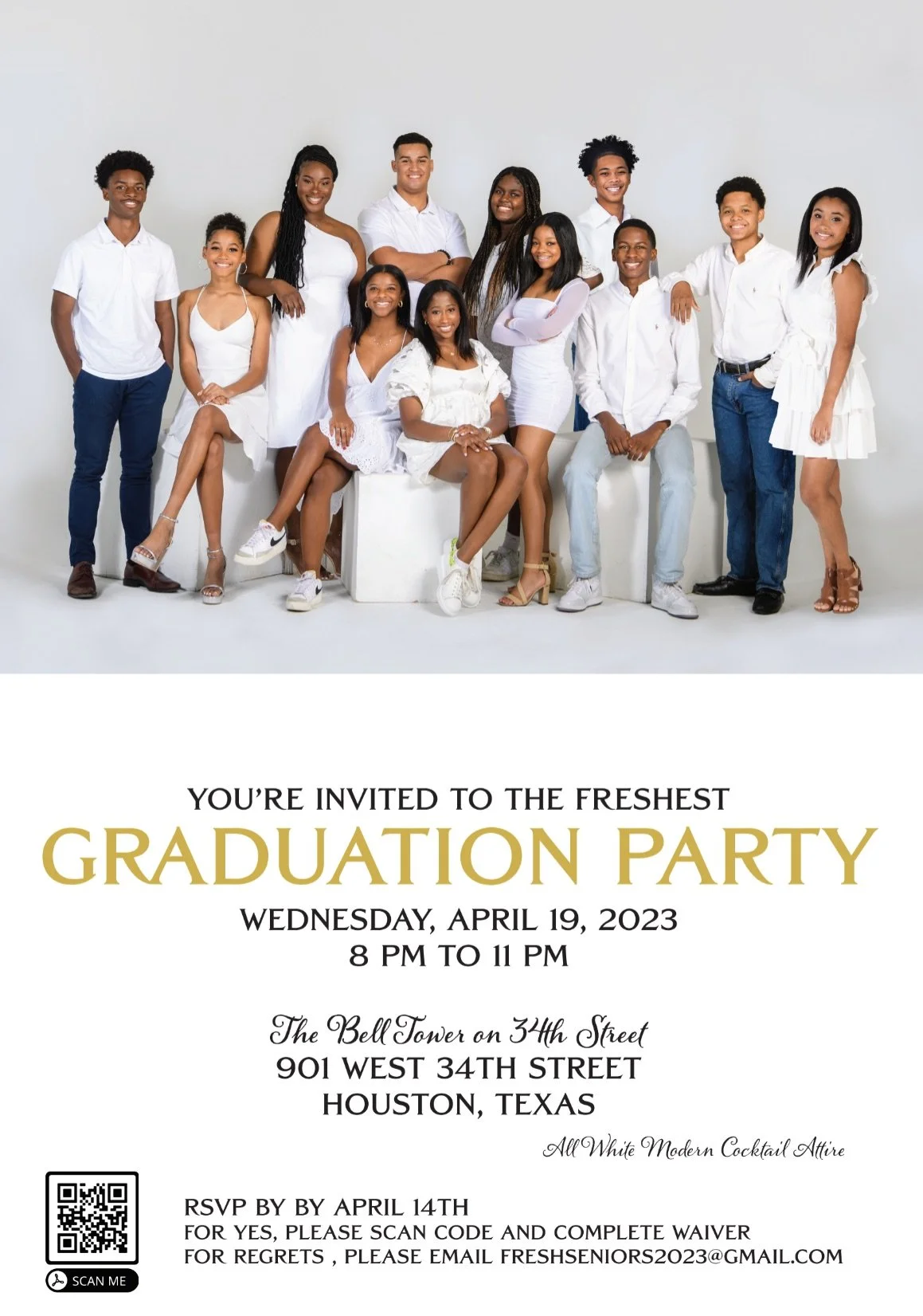 Invitation to a graduation party with a group of diverse young adults dressed in white, standing and sitting against a white background, with event details written below.