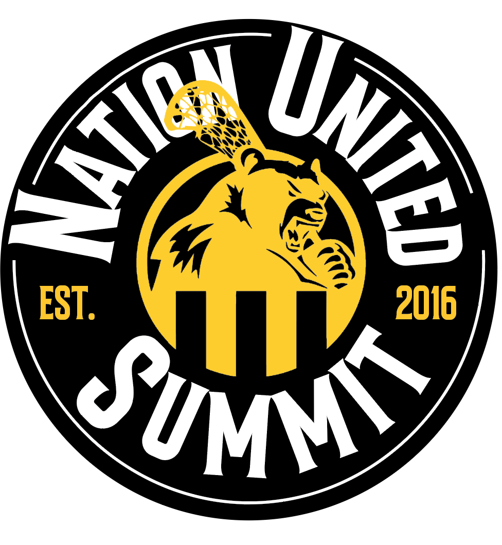 Circular logo with a black background and yellow and white design. Features a lion's head inside a yellow circle with a black vertical stripe pattern. The text "NATION UNITED SUMMIT" encircles the logo, with "EST." and "2016" on either side.