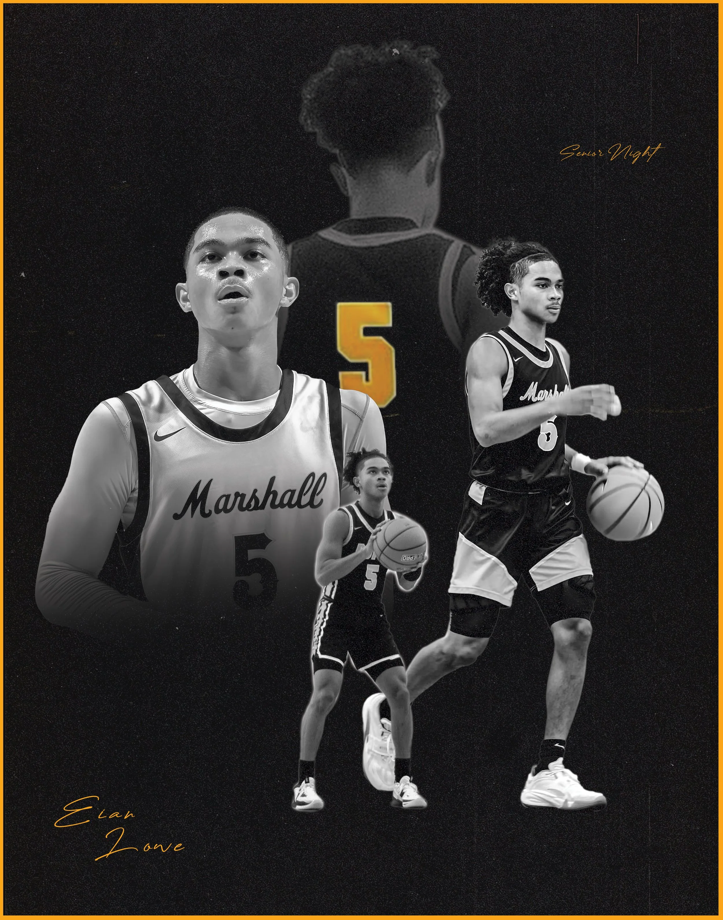 Multiple black and white images of a young male basketball player wearing a 'Marshall' jersey with the number 5, holding a basketball in different poses, with a large yellow number 5 and the words 'Senior Night' in gold in the background.
