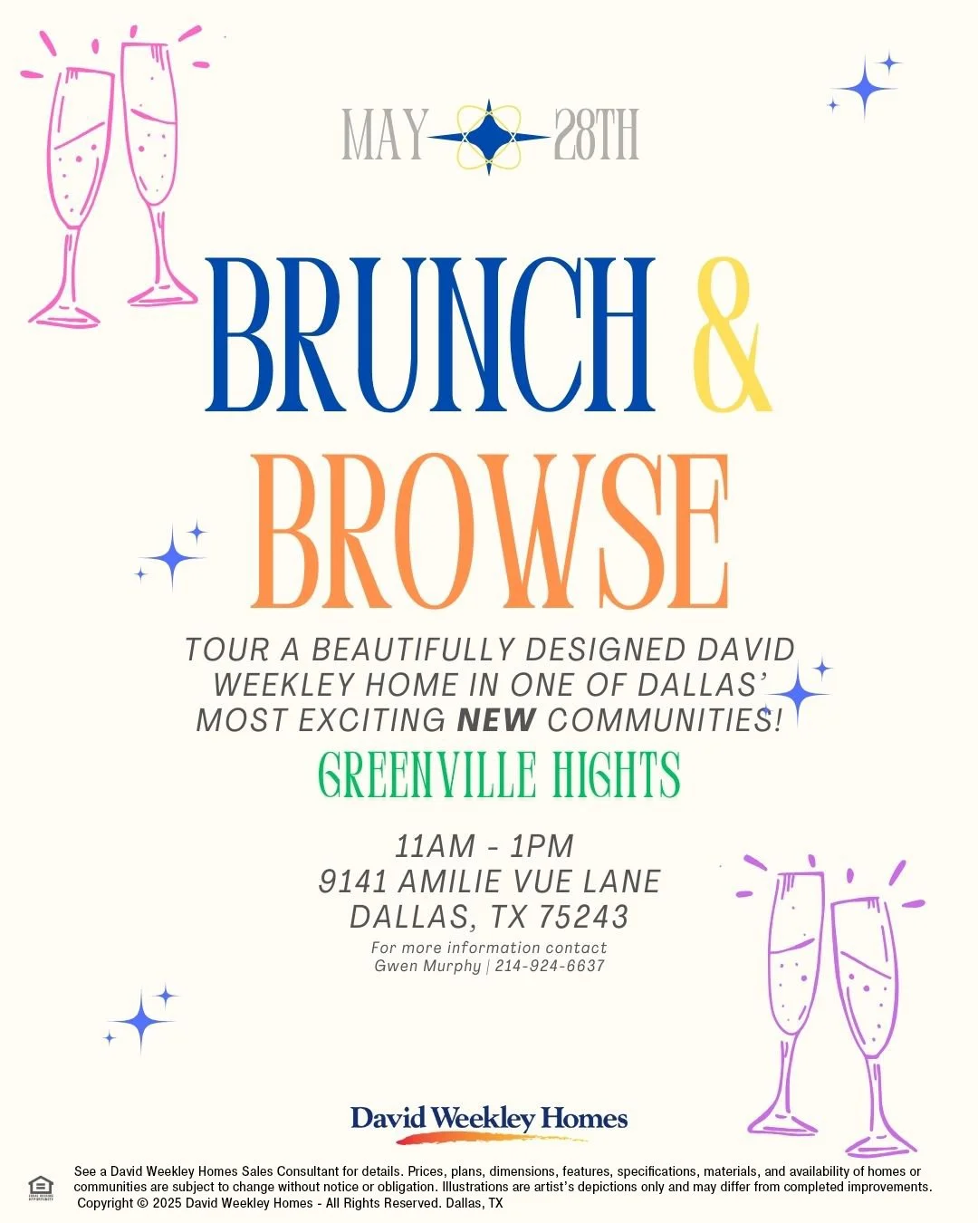 Invitation flyer for a brunch and browse event on May 28th from 11 AM to 1 PM at 9141 Amilie Vue Lane, Dallas. The flyer features illustrations of champagne glasses, decorative stars, and colorful text promoting a tour of a David Weekley Homes commun