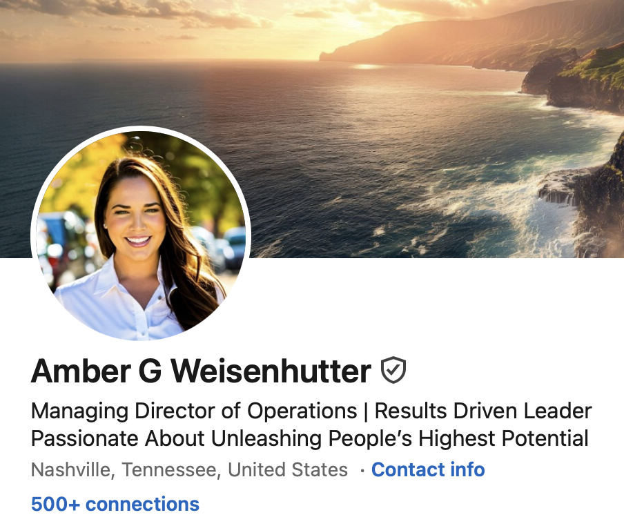 A LinkedIn profile header featuring a sunset over an ocean with rocky cliffs, and a profile picture of a woman with long brown hair smiling, wearing a white shirt.
