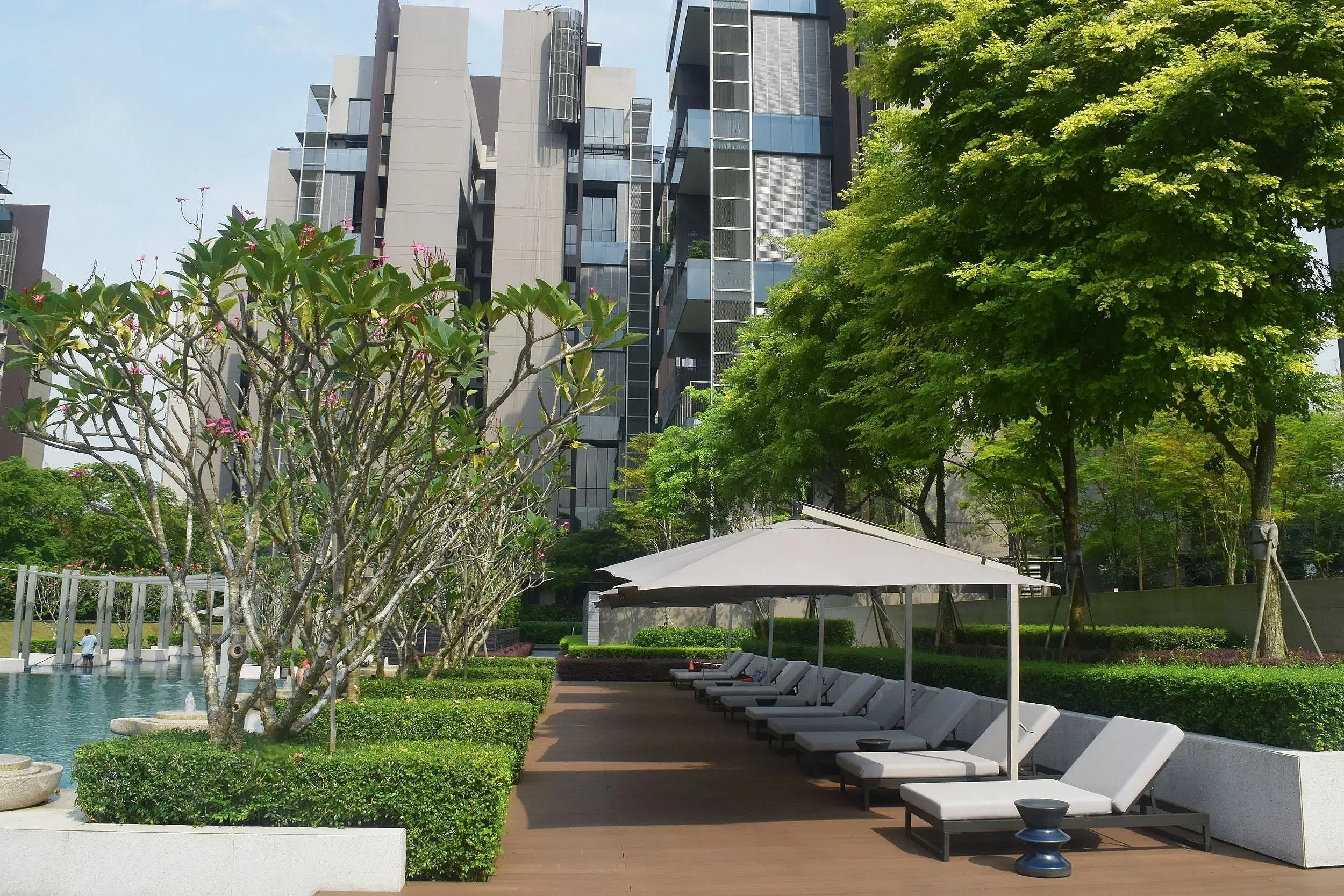 A landscaped urban park with a pond, trees, and shrubs, adjacent to tall modern buildings. There are lounge chairs and umbrellas along a wooden pathway near the water, with a few people visible in the background.