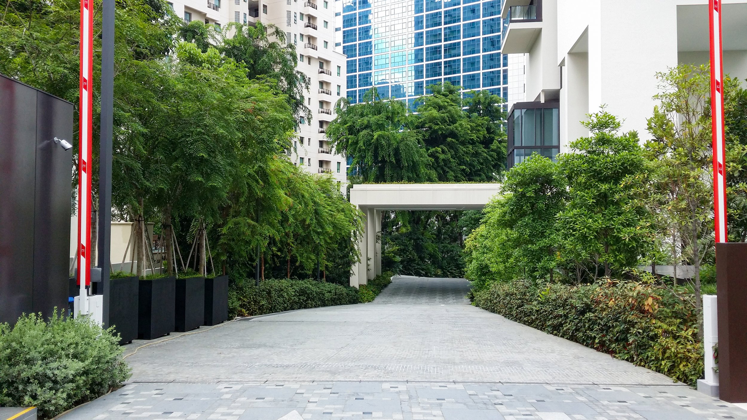Urban courtyard with greenery, trees, and modern high-rise buildings in the background.